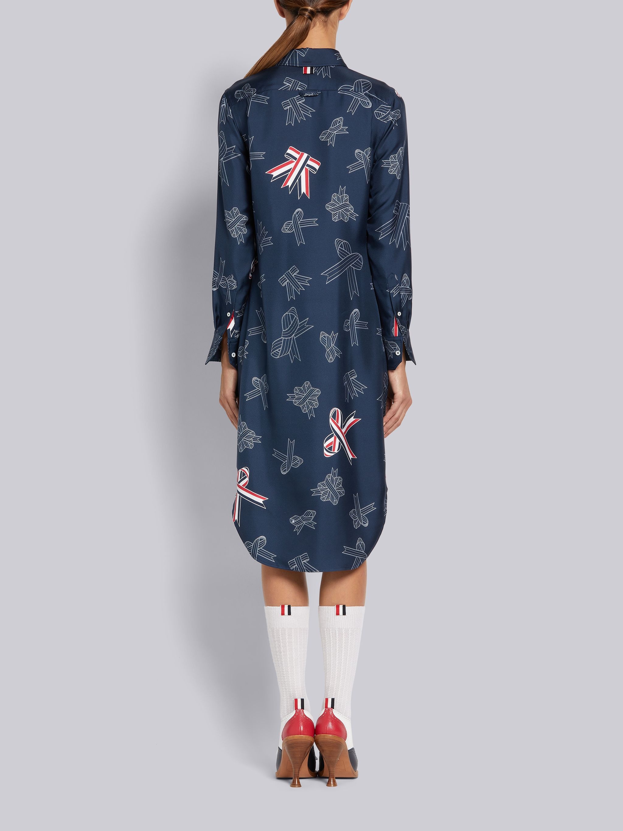 Navy Silk Twill Ribbon Outline Print Classic Below Knee Shirtdress - 3