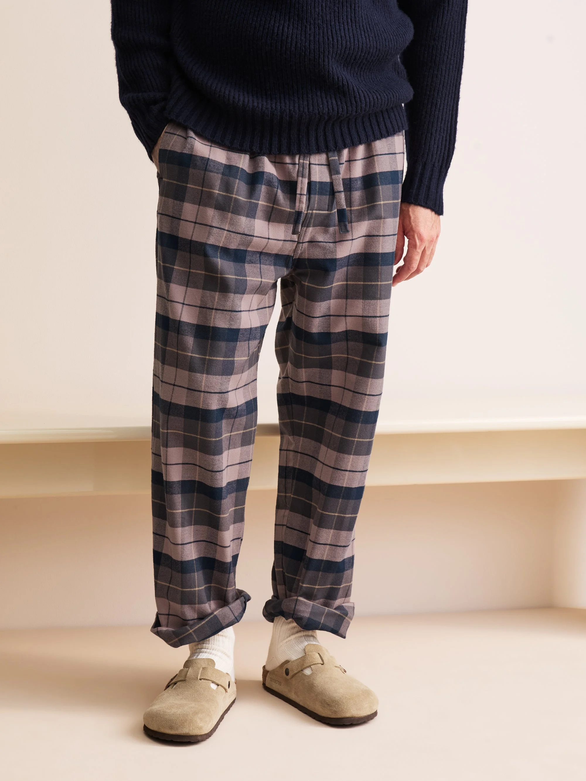 Kelburn Brushed Cotton Lounge Pants Navy & Dusty Pink Check - 1