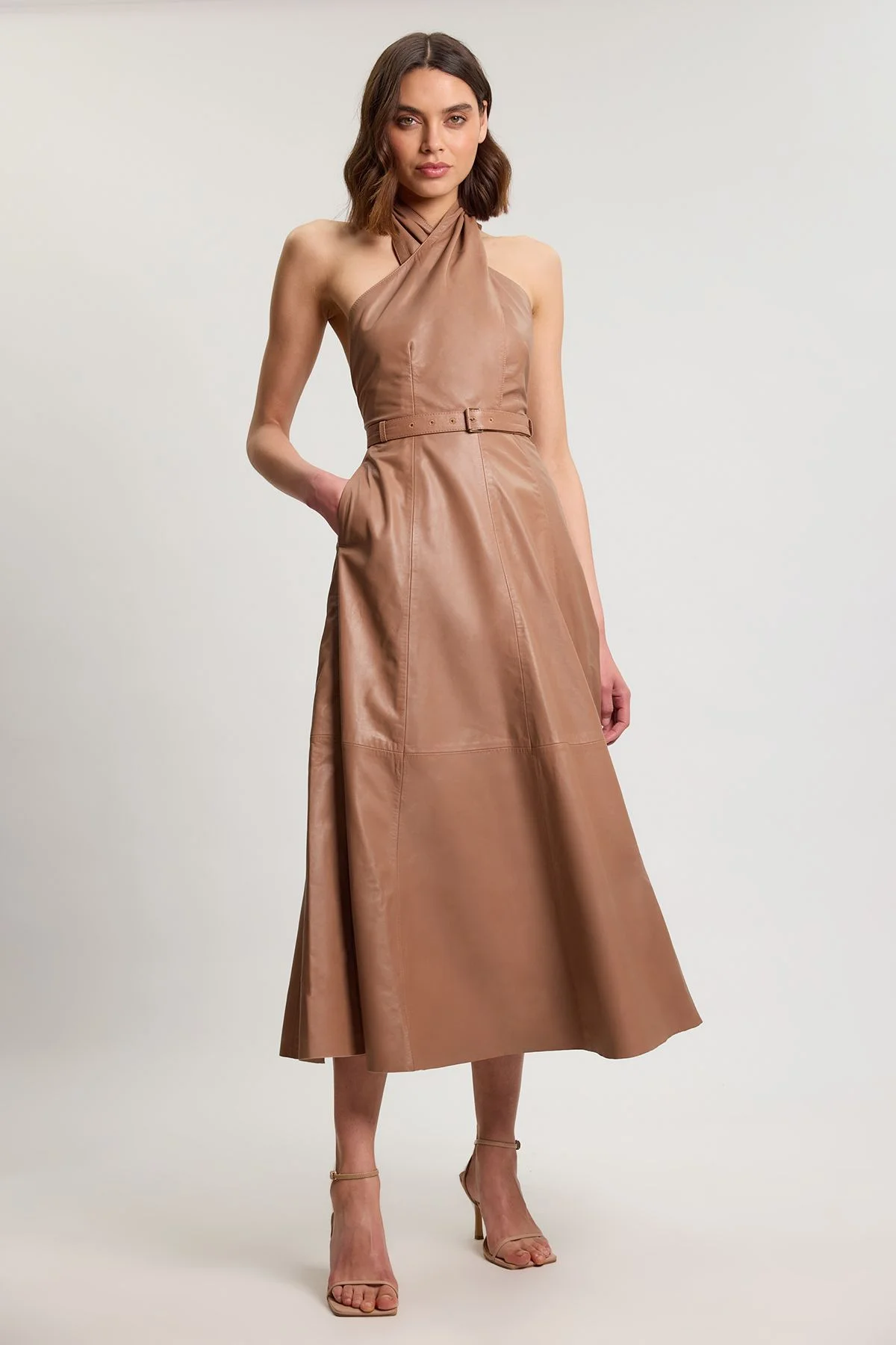 Leather Cross Halter Neck Midi Dress - 1