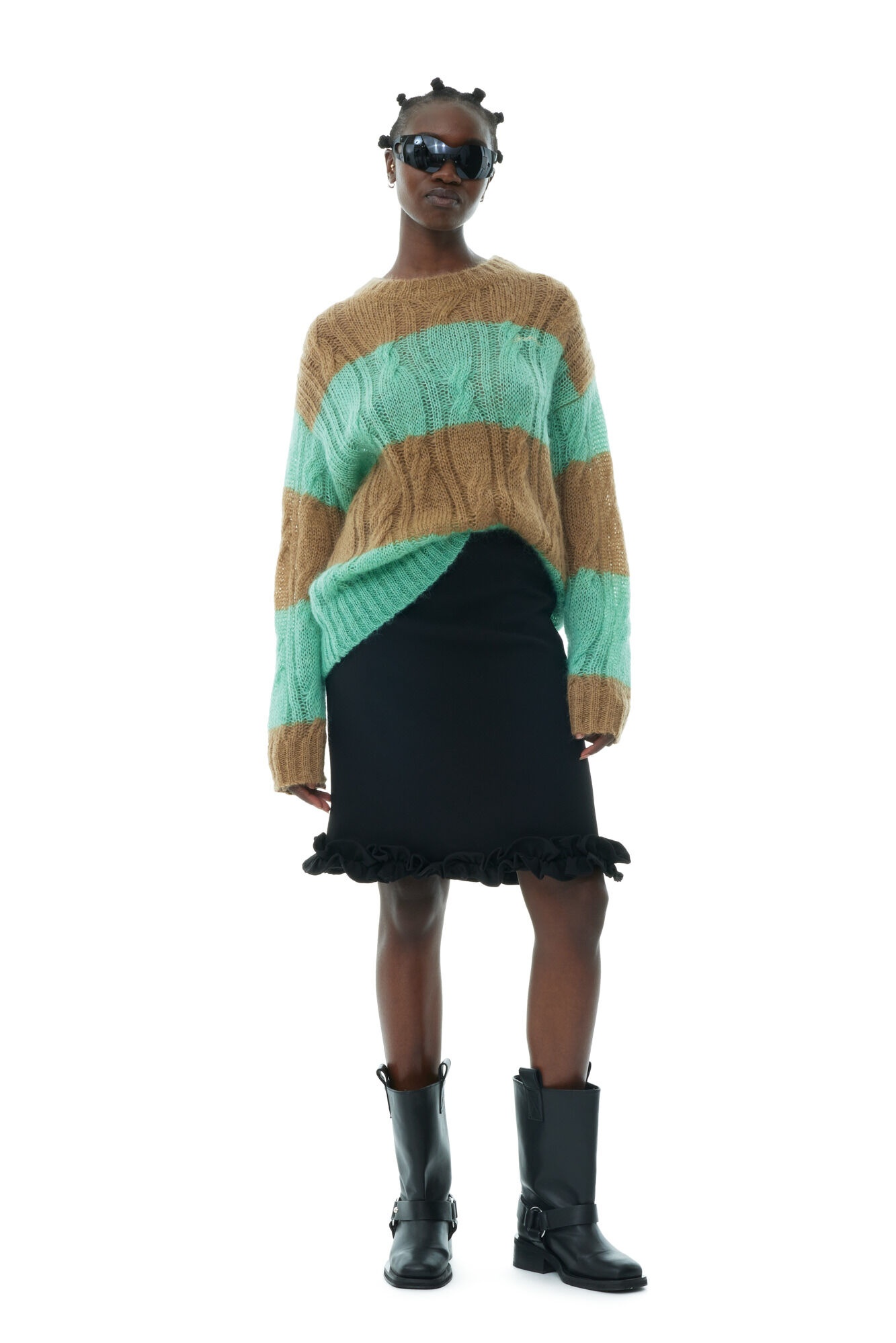 STRIPED MOHAIR CABLE O-NECK SWEATER - 4