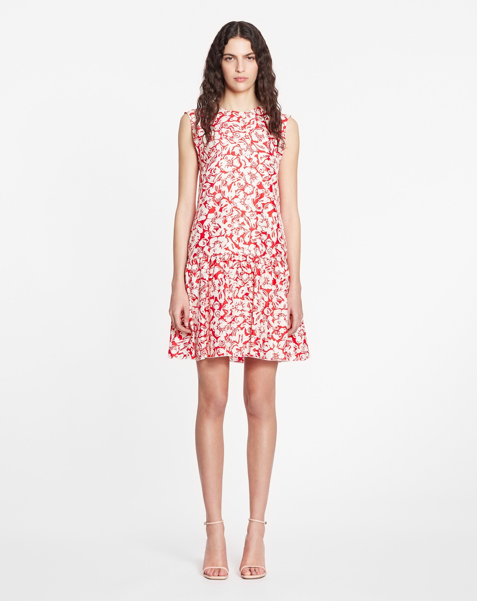 SLEEVELESS ROUND NECK DRESS WITH RUFFLES IN PRINTED SILK TWILL - 2