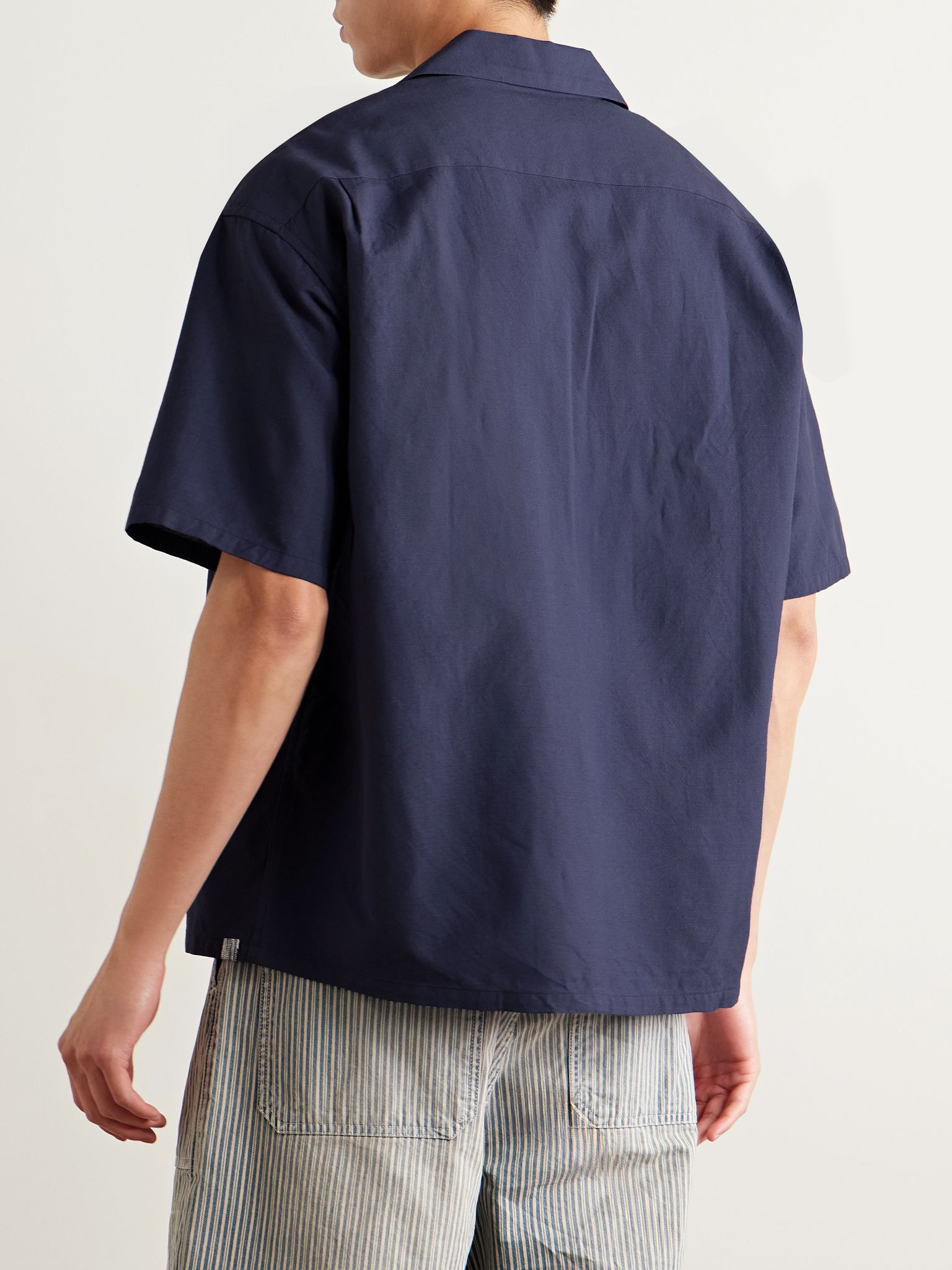 Crosby Convertible-Collar Embroidered Wool and Linen-Blend Shirt Navy - 3