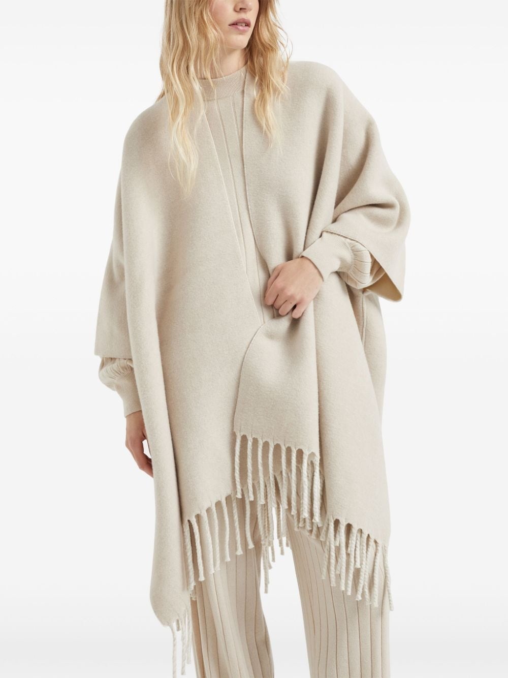 fringed-edge double knit cape - 3