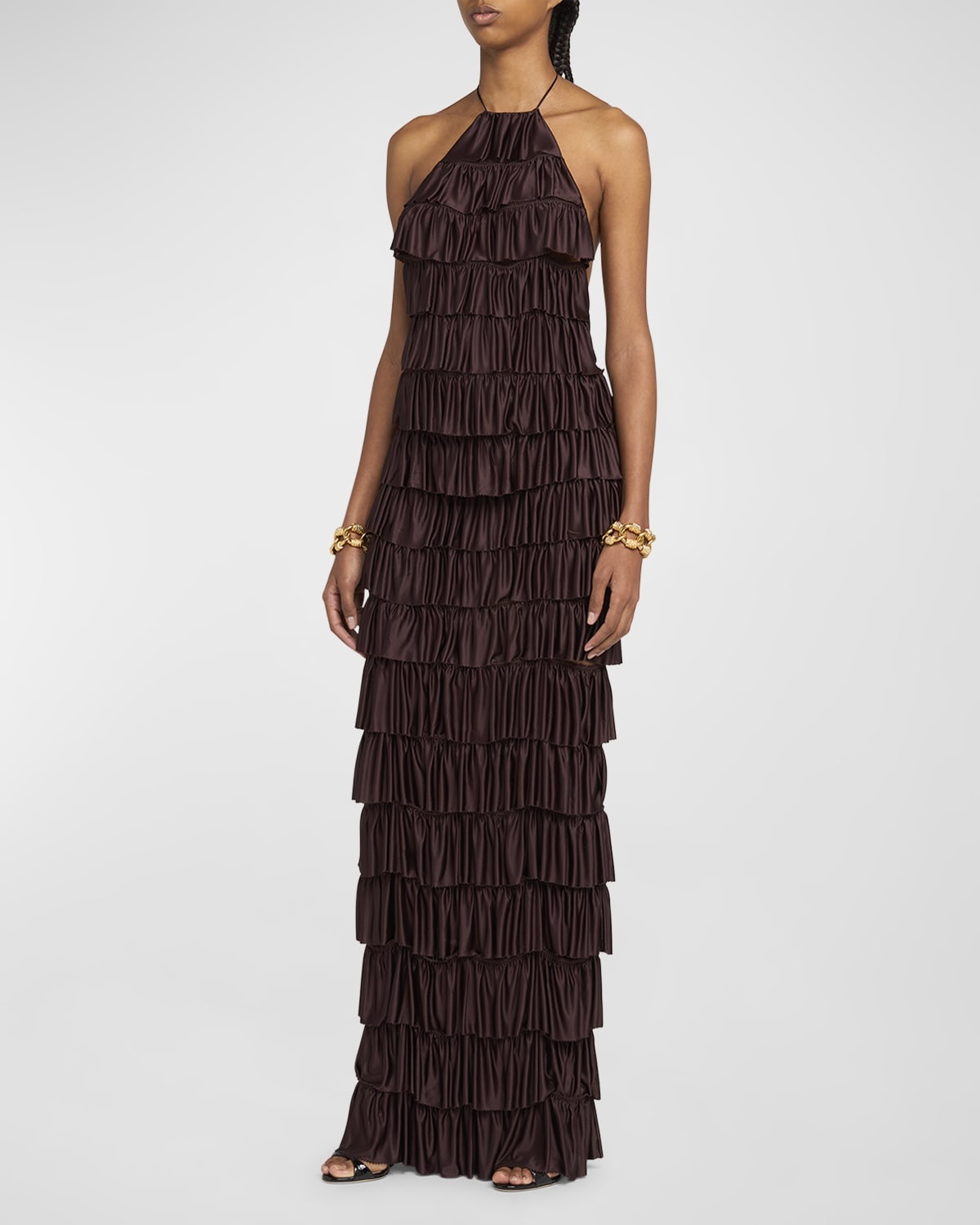 Tiered Ruffle Jersey Halter Gown - 3