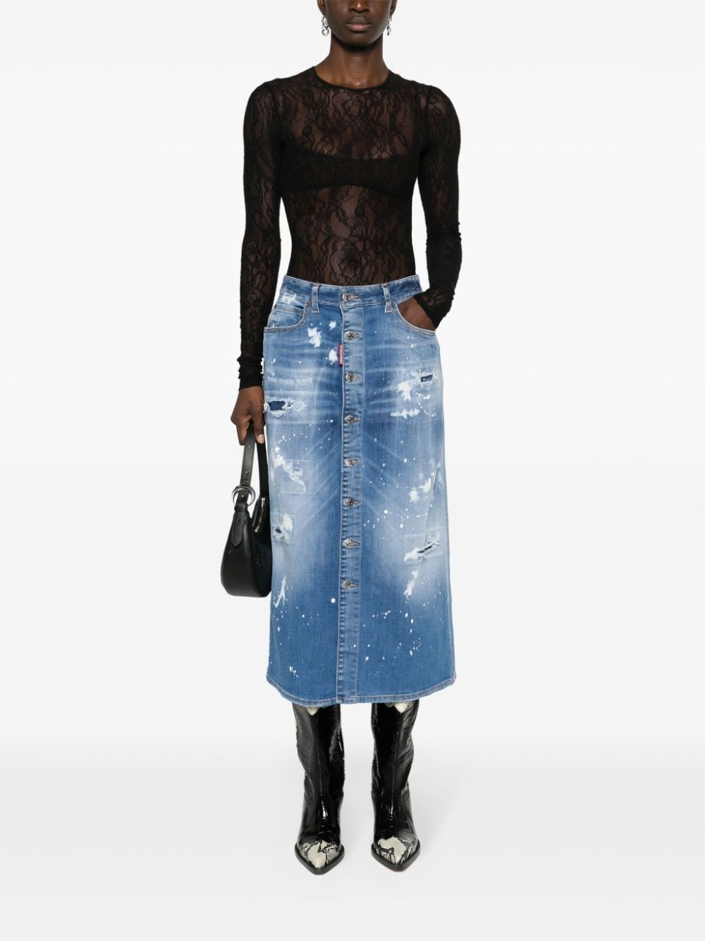 distressed-effect denim midi skirt - 2