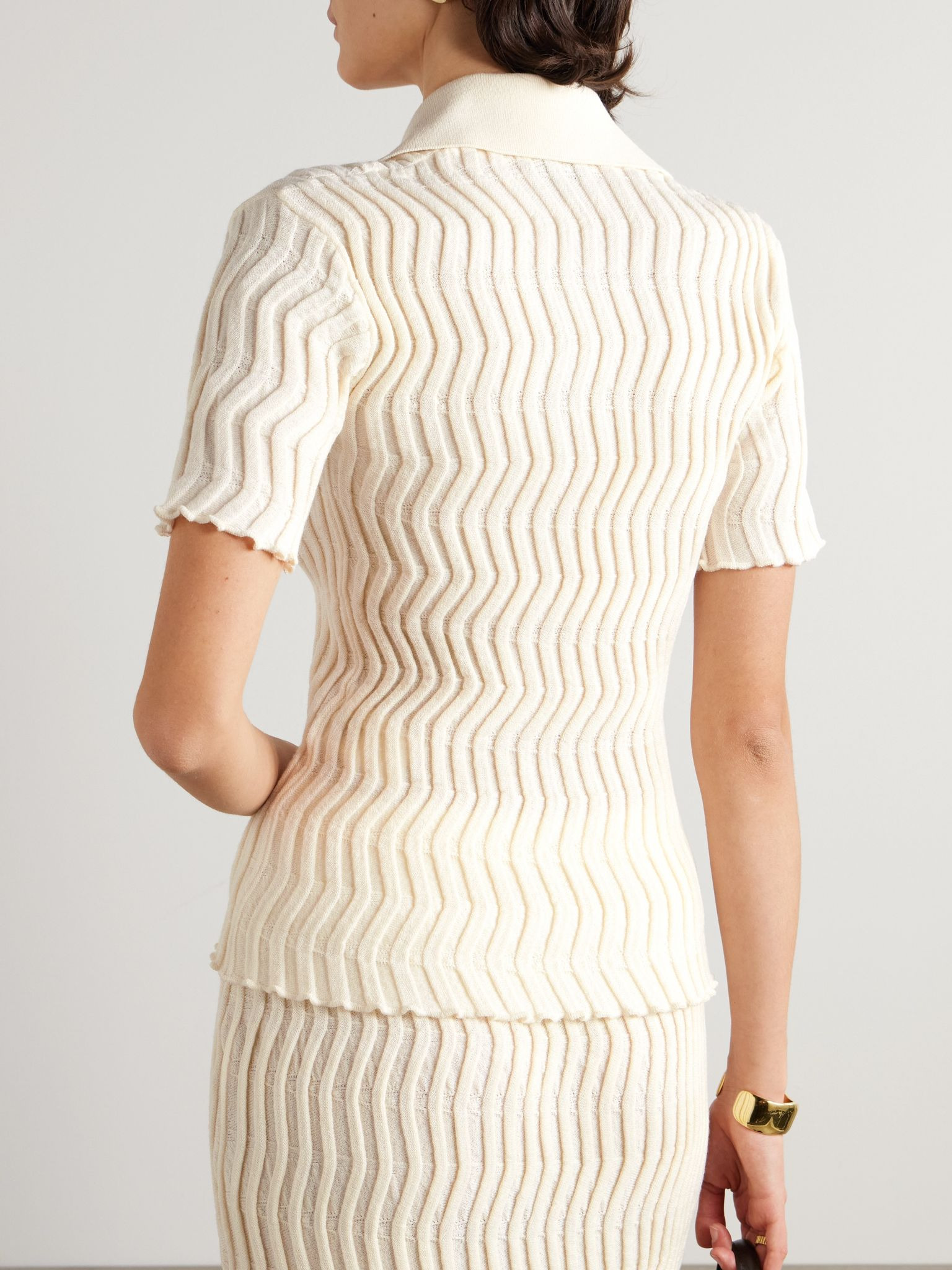 Ribbed wool polo shirt Cream - 3