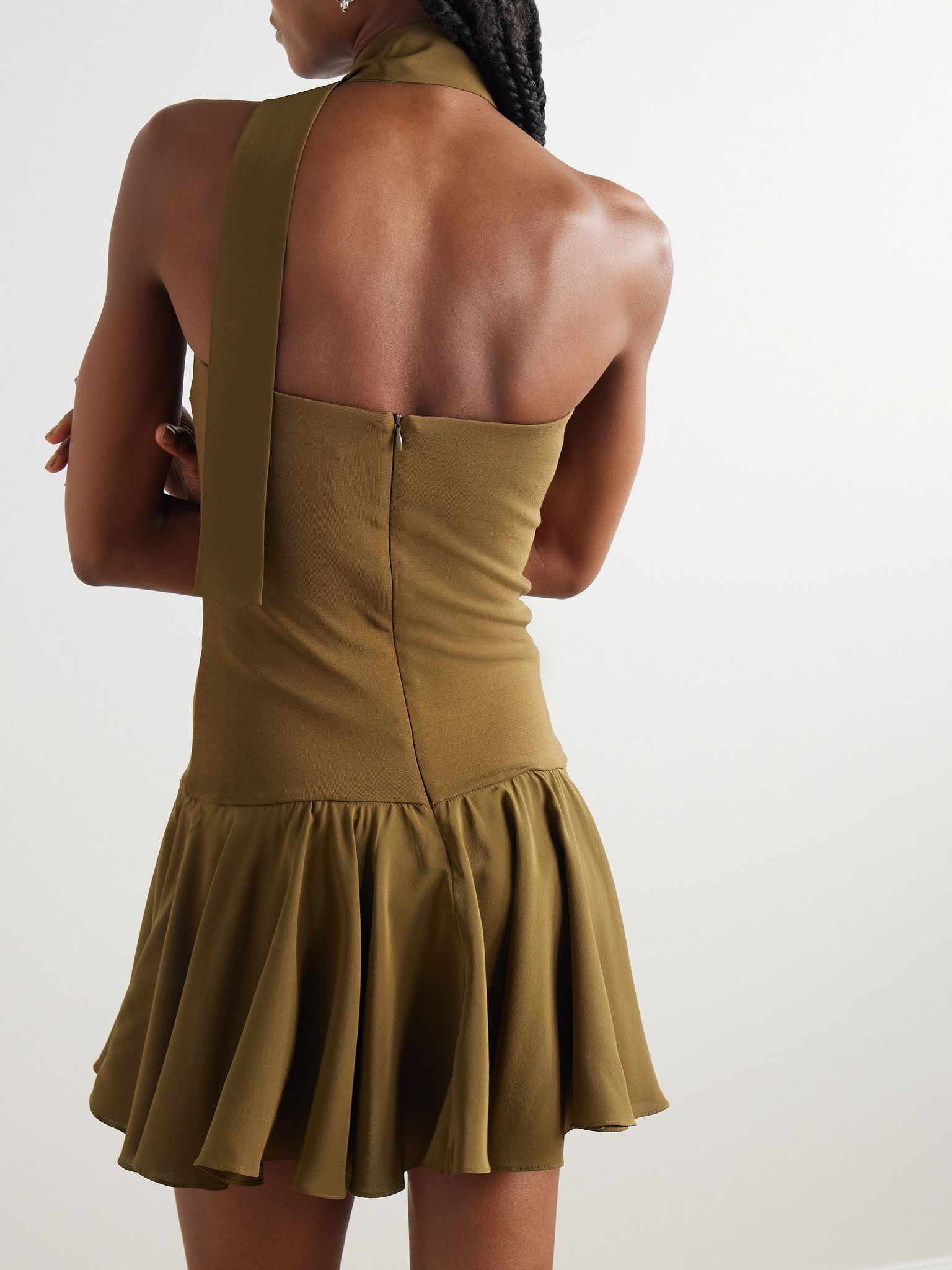 Illi scarf-detailed strapless stretch-knit and silk crepe de chine mini dress Army green - 3