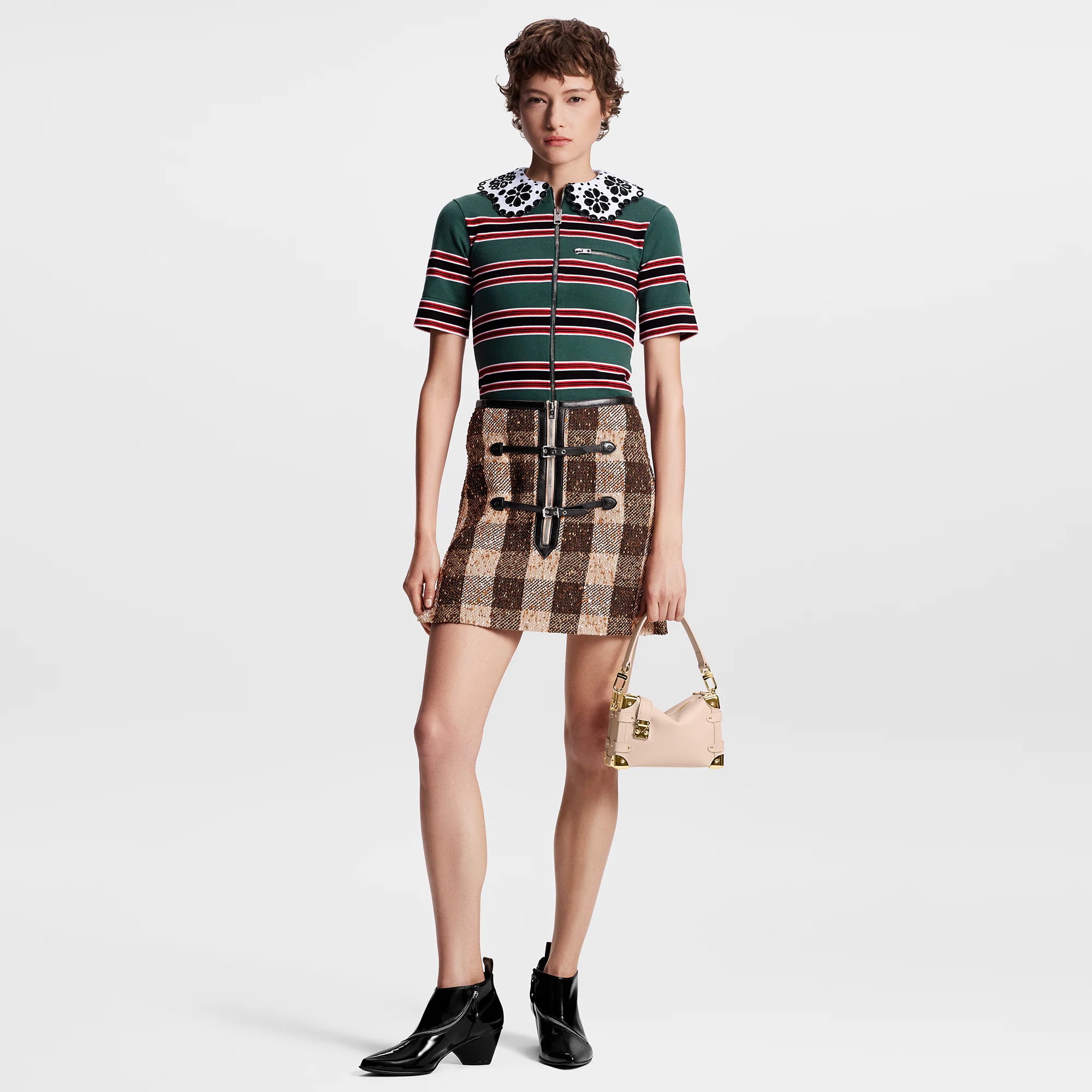 Leather Accent Check Tweed Skirt - 4