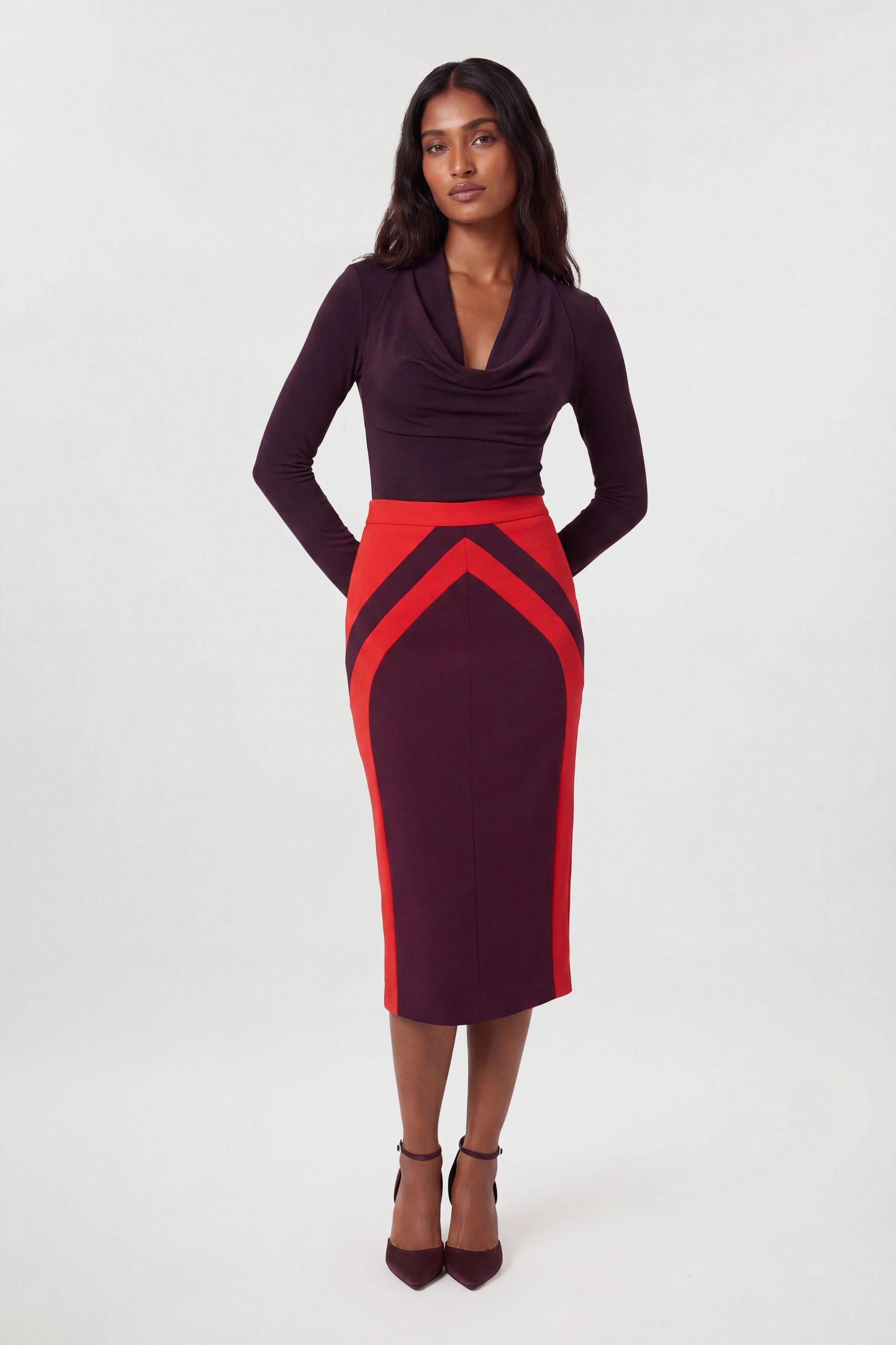 Compact Stretch Colour Block Tailored Pencil Midi Skirt - 1
