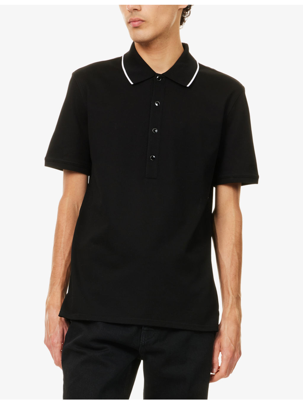 Classic-Collar Striped-Trim Cotton Polo Top - 3
