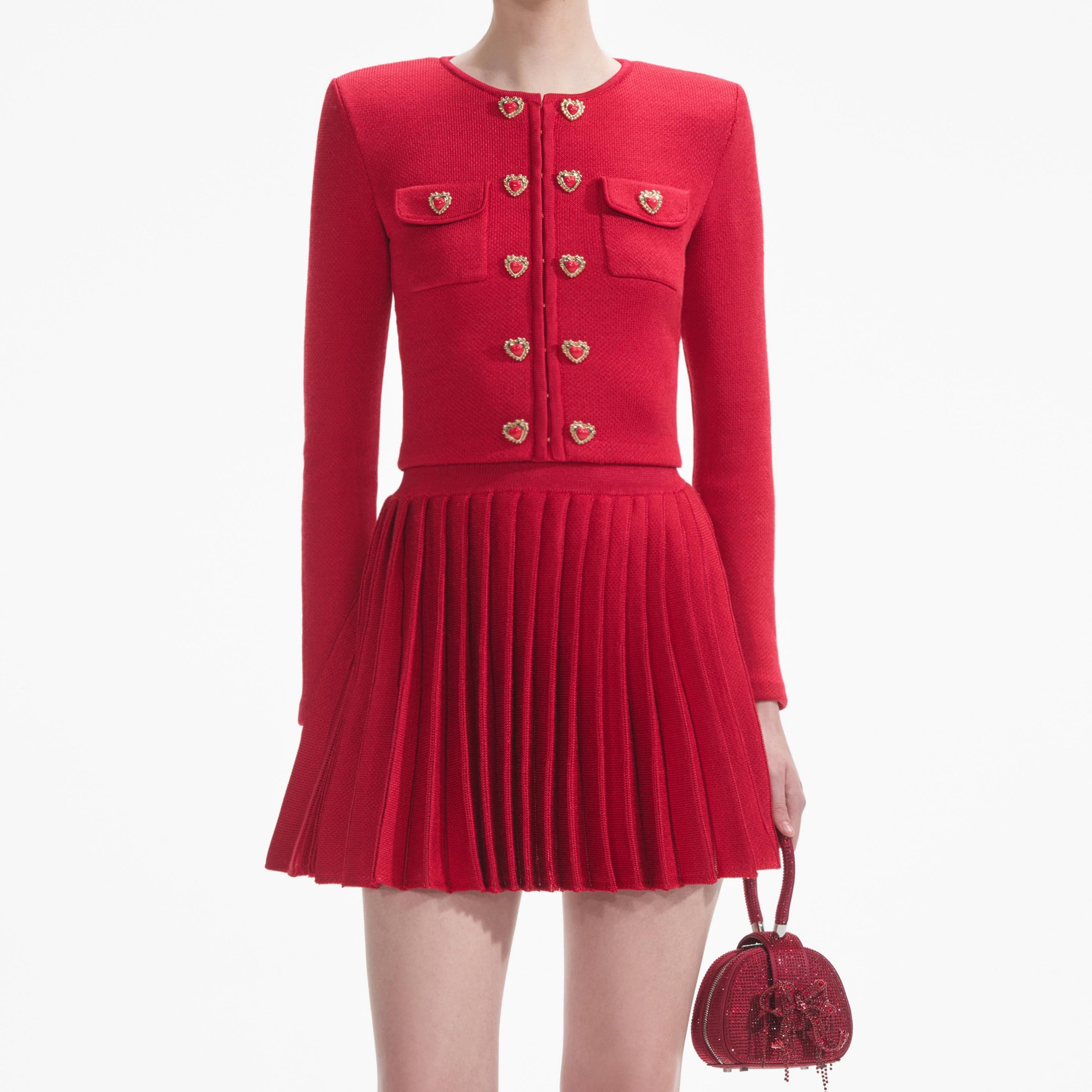 Red Pleated Knit Mini Skirt - 4