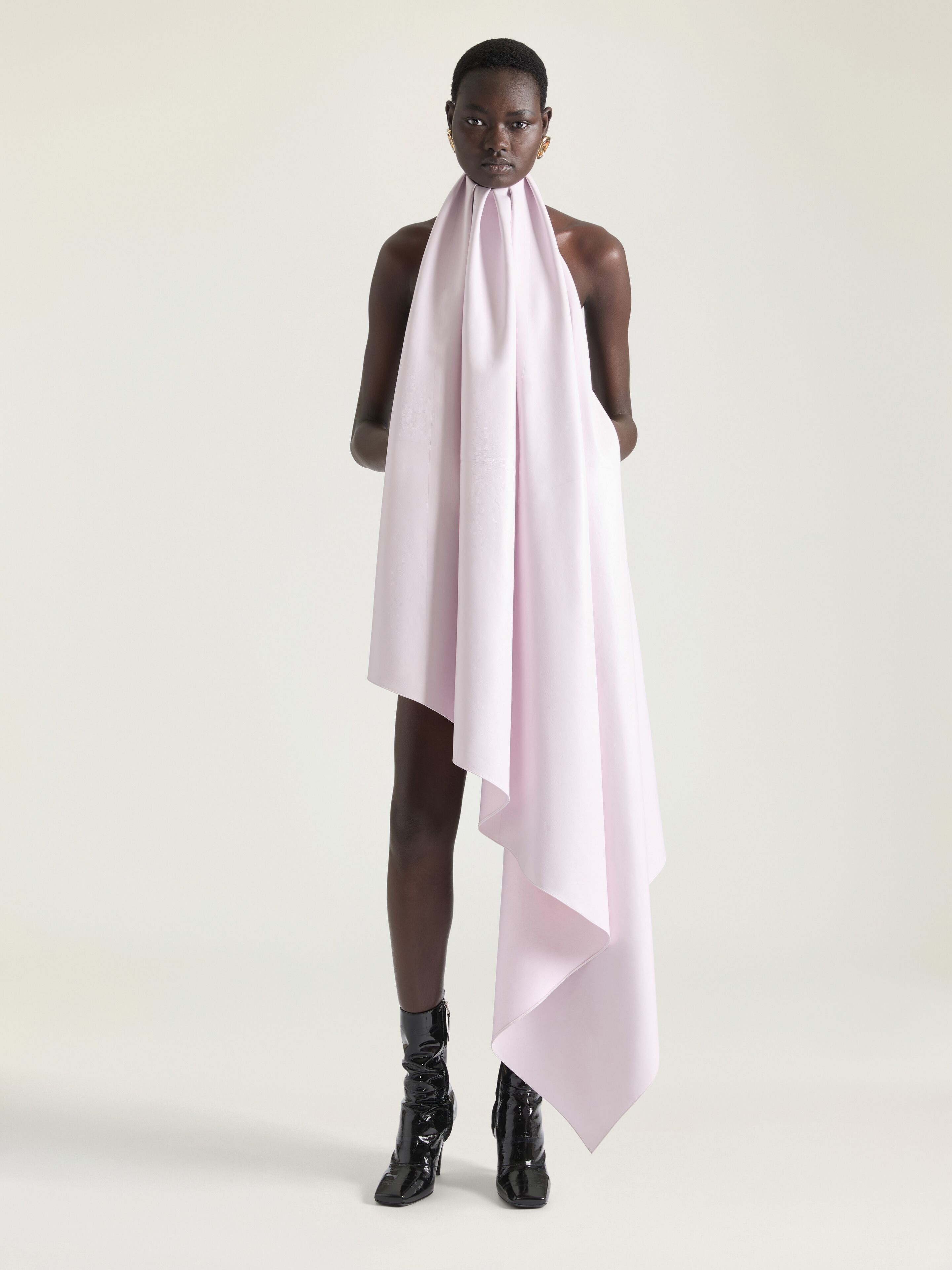 ASYMMETRIC HALTERNECK DRESS IN LEATHER - 2