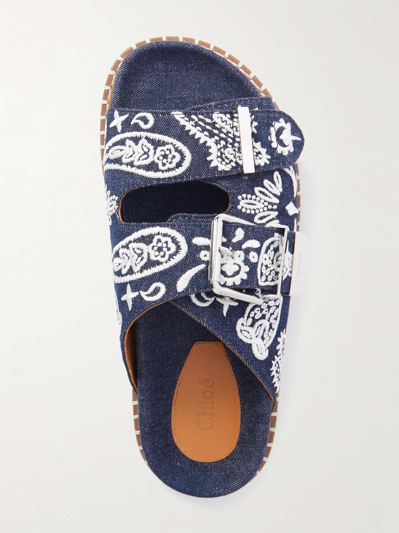 Rebecca whipstitched embroidered denim slides - 4