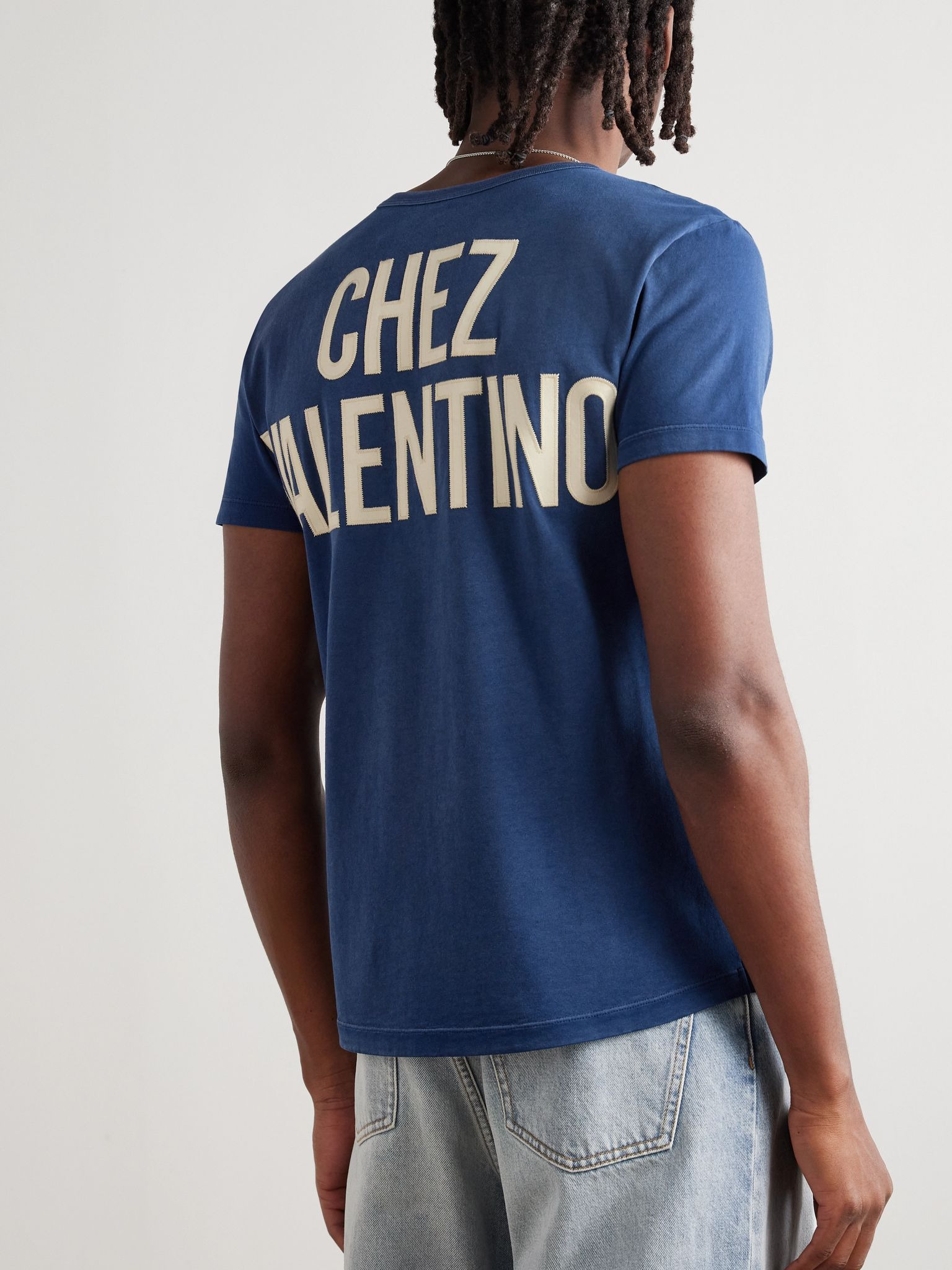 Chez Valentino Logo-Appliquéd Printed Cotton-Jersey T-Shirt Blue - 4
