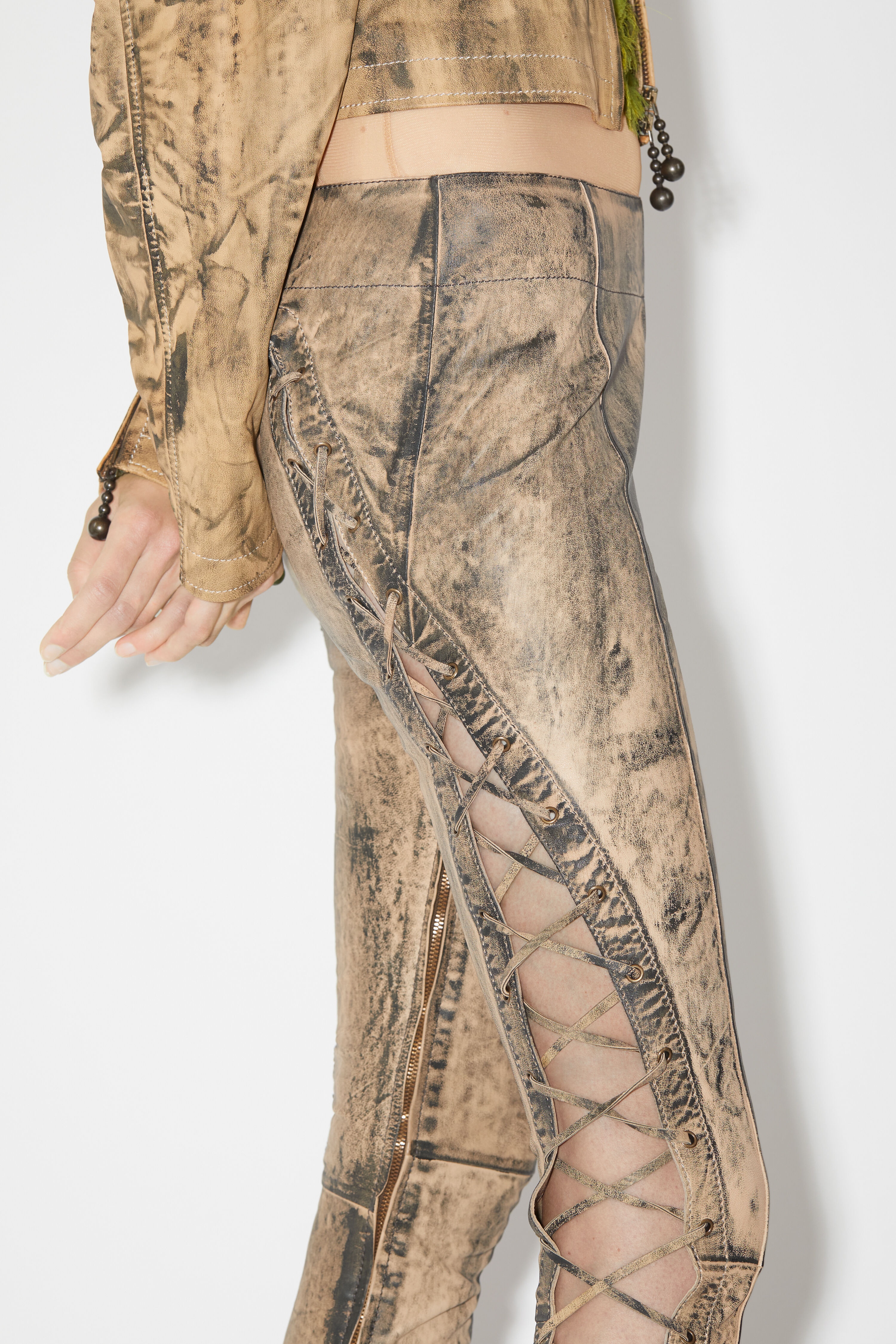 Leather lace-up trousers - Beige/green - 5