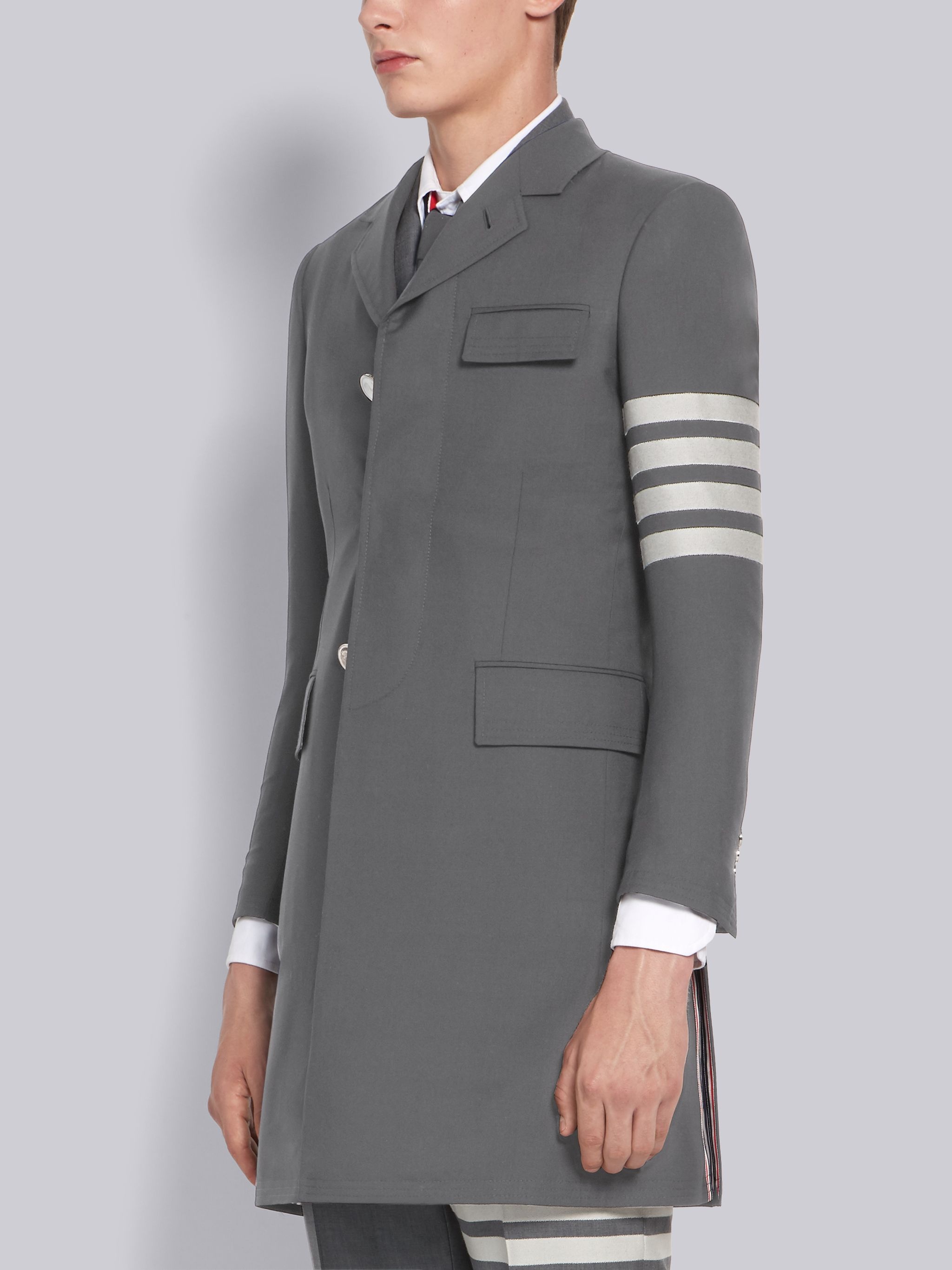 Medium Grey Plain Weave Suiting High Armhole 4-Bar Overcoat - 2