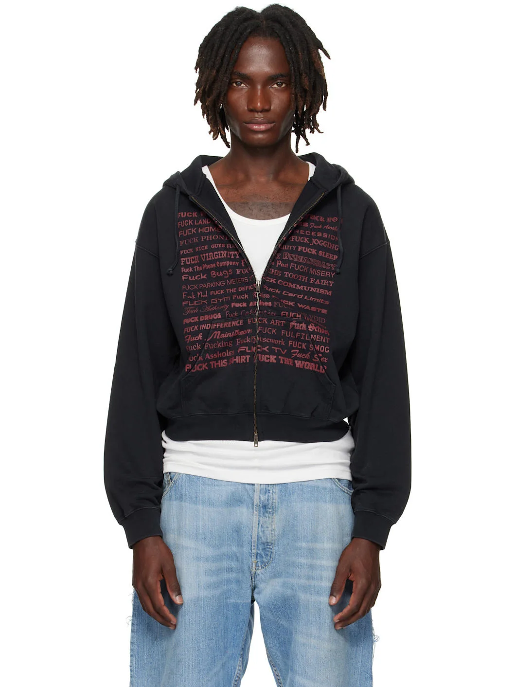 VETEMENTS 검정 'fuck' Fitted Zip-Up Hoodie - UH76ZU660B | REVERSIBLE