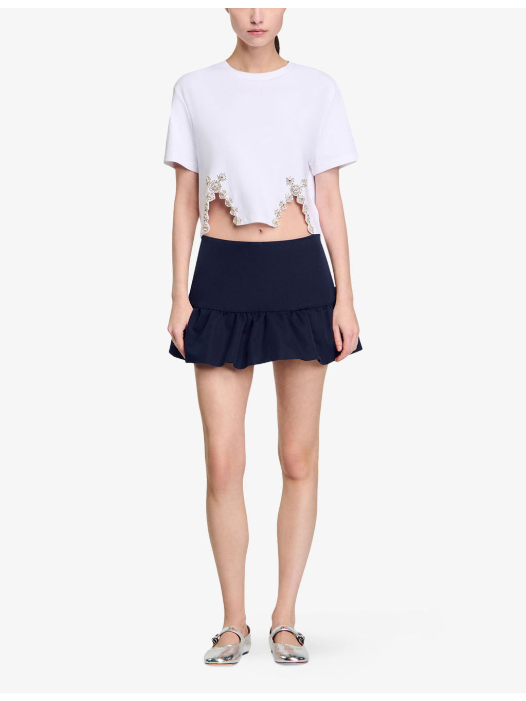 Crystal-embellished cut-out cotton-blend T-shirt - 2