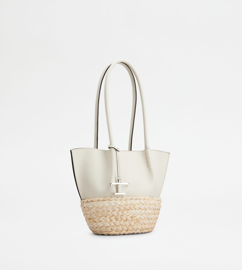 Tod's SHOPPING BAG IN STRAW AND LEATHER SMALL - WHITE, NATURAL outlook