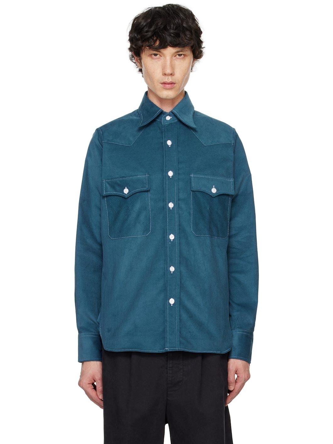 Blue Corduroy Two-Pocket Western Shirt - 1