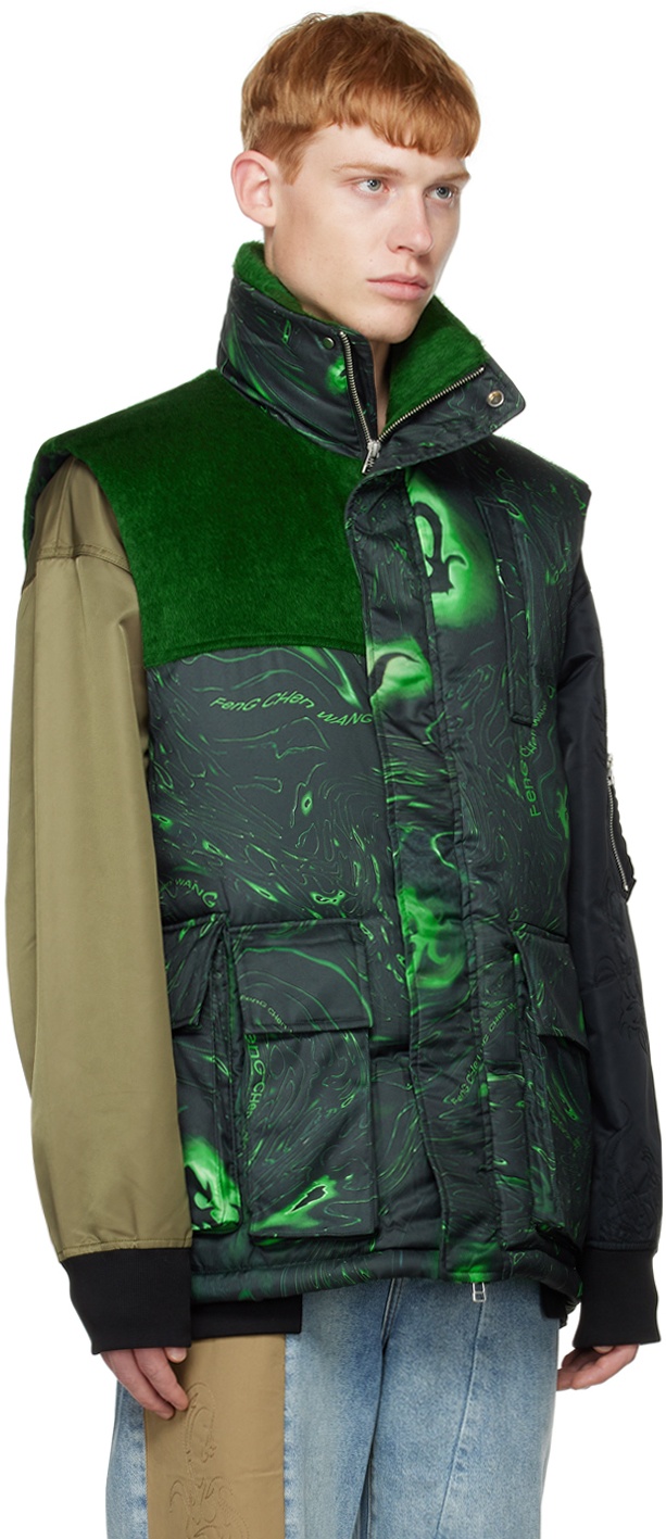 Black & Green Graphic Down Vest - 2