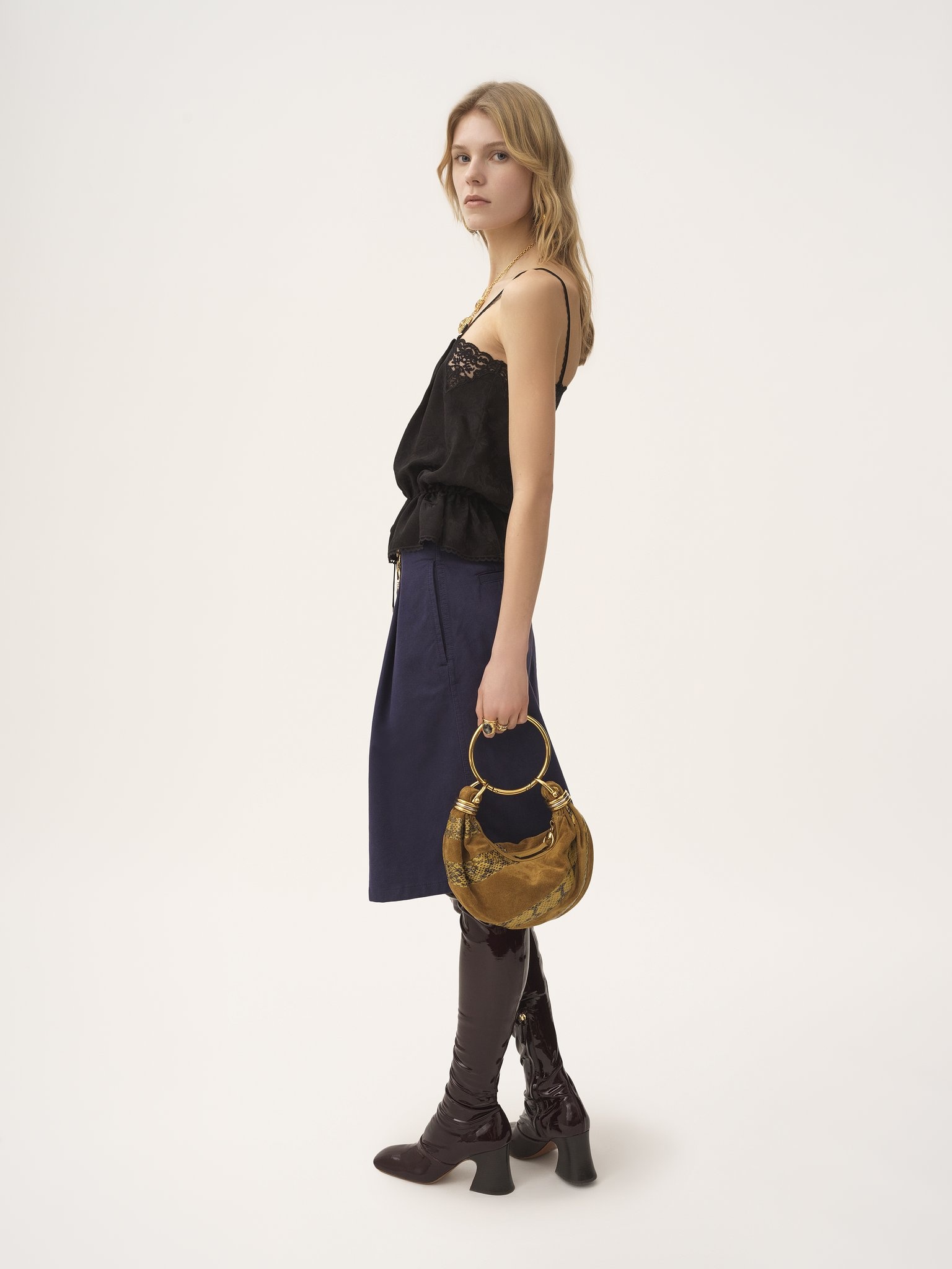 DRAWSTRING CAMISOLE TOP IN SILK JACQUARD & LACE - 3