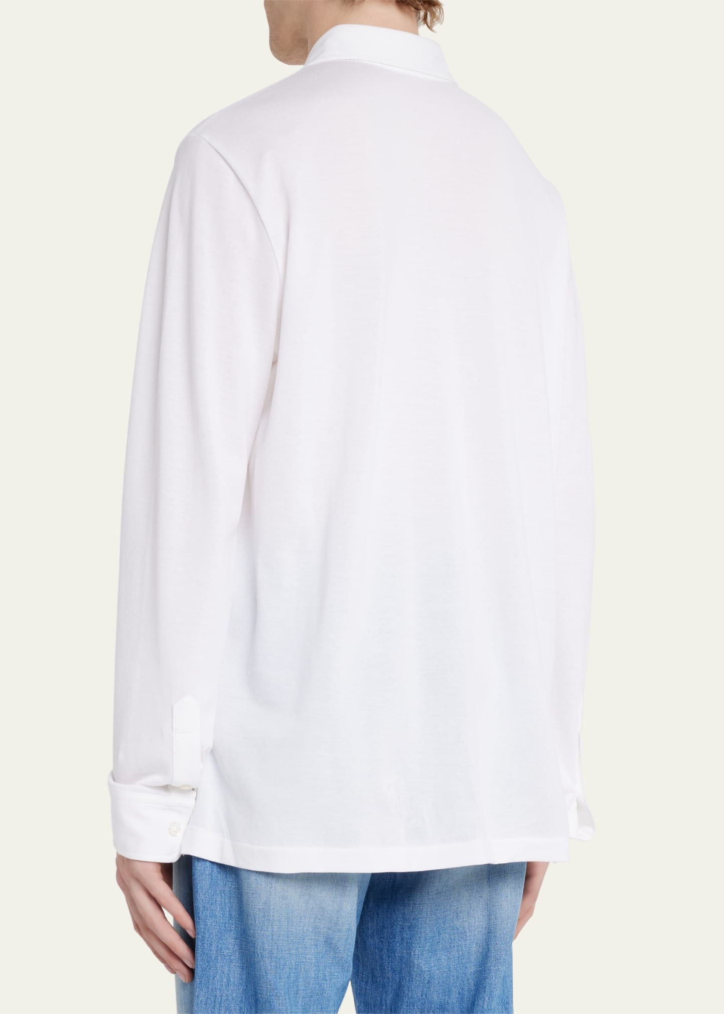 Men's Washed Long-Sleeve Pocket Polo Shirt, White - 3