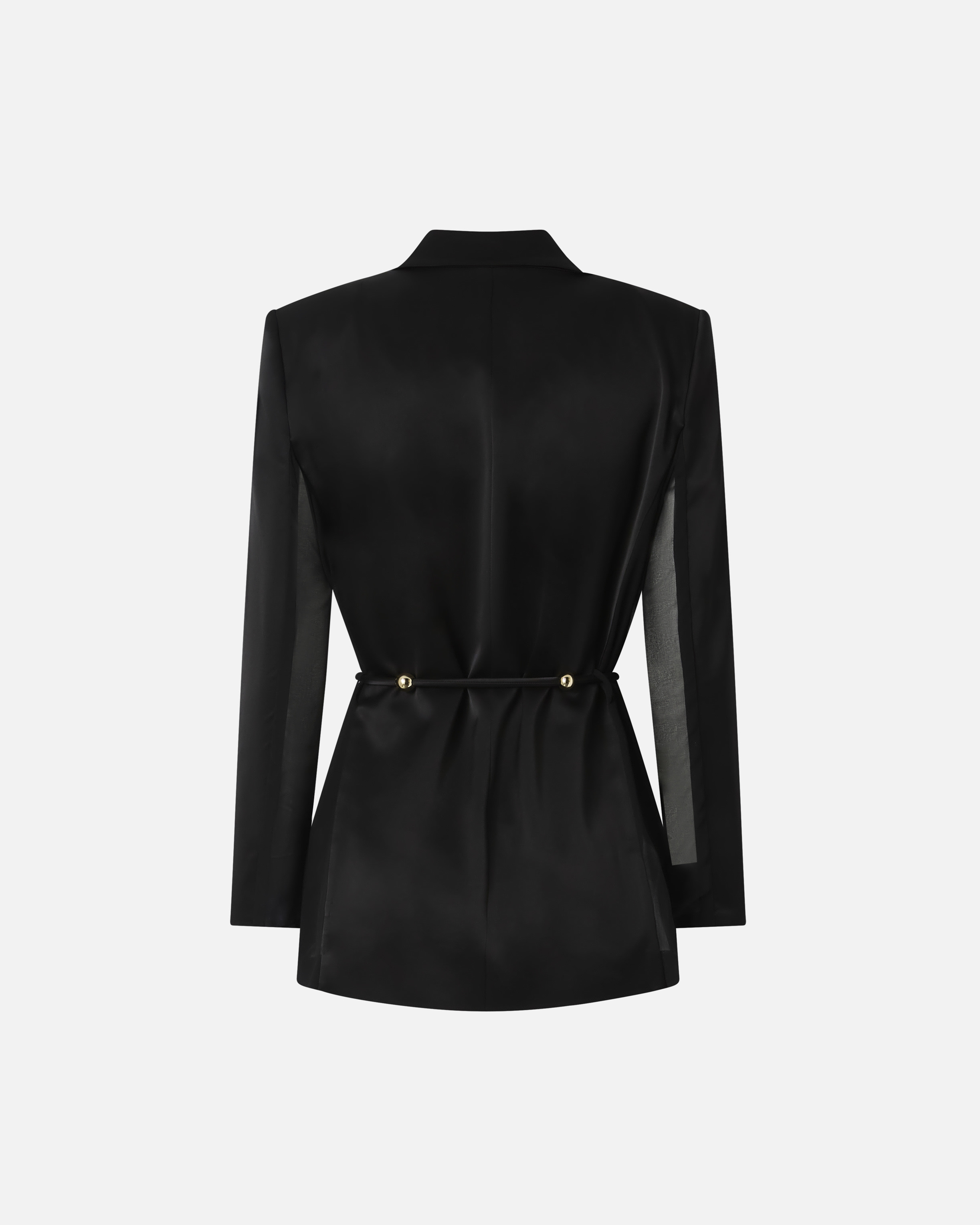 GLOSSY SATIN BLAZER WITH BELT AND SPHERE ACCENT - 2