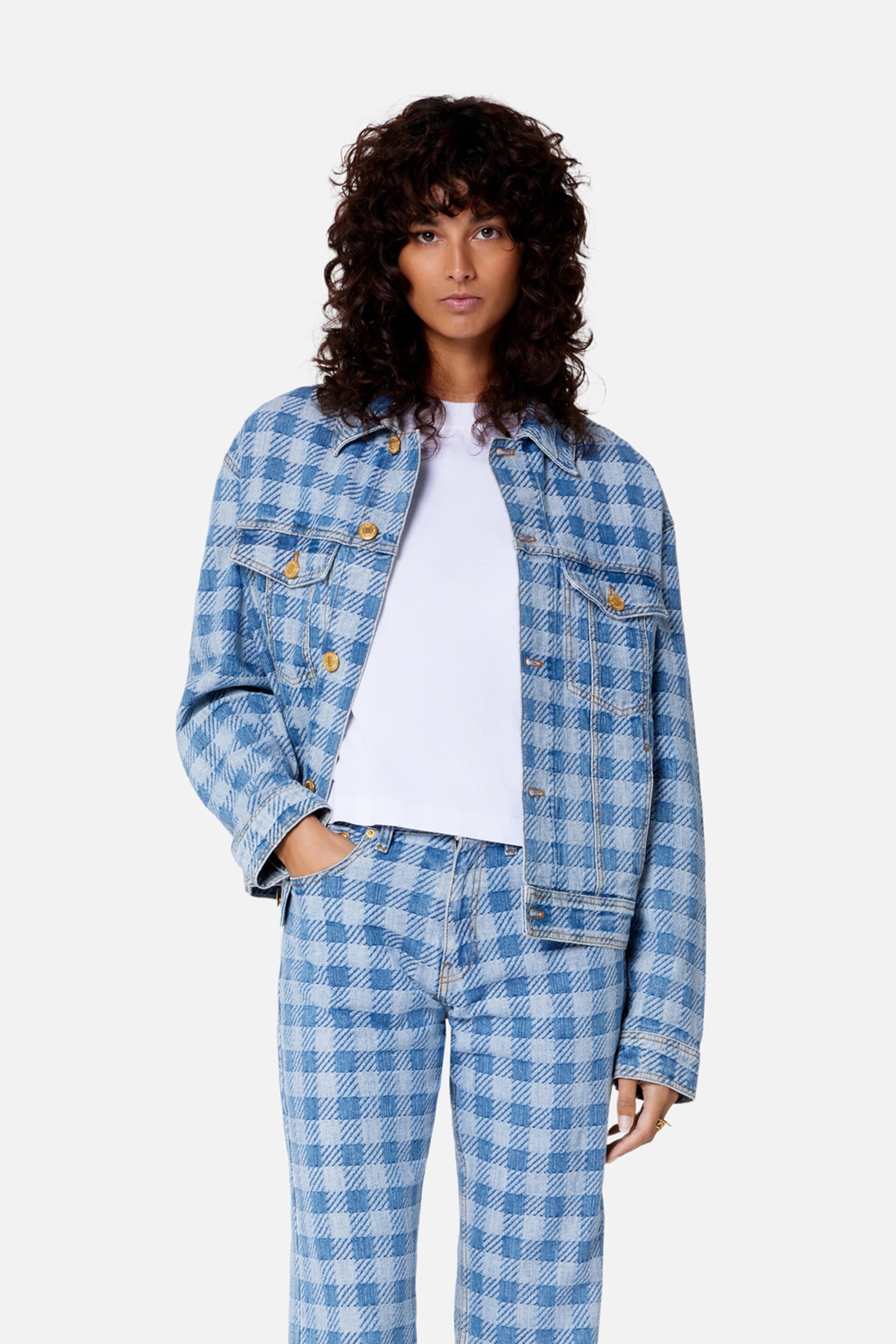 Gingham Boxy Fit Denim Jacket - 2