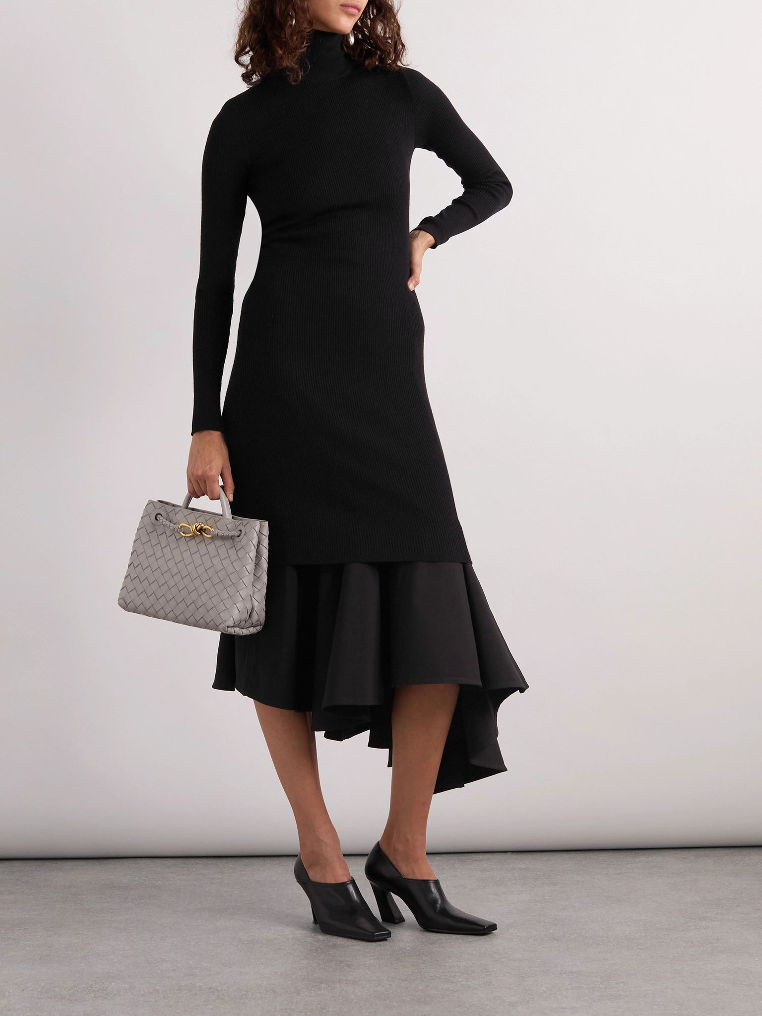 Asymmetric satin-trimmed ribbed-knit turtleneck midi dress Black - 2