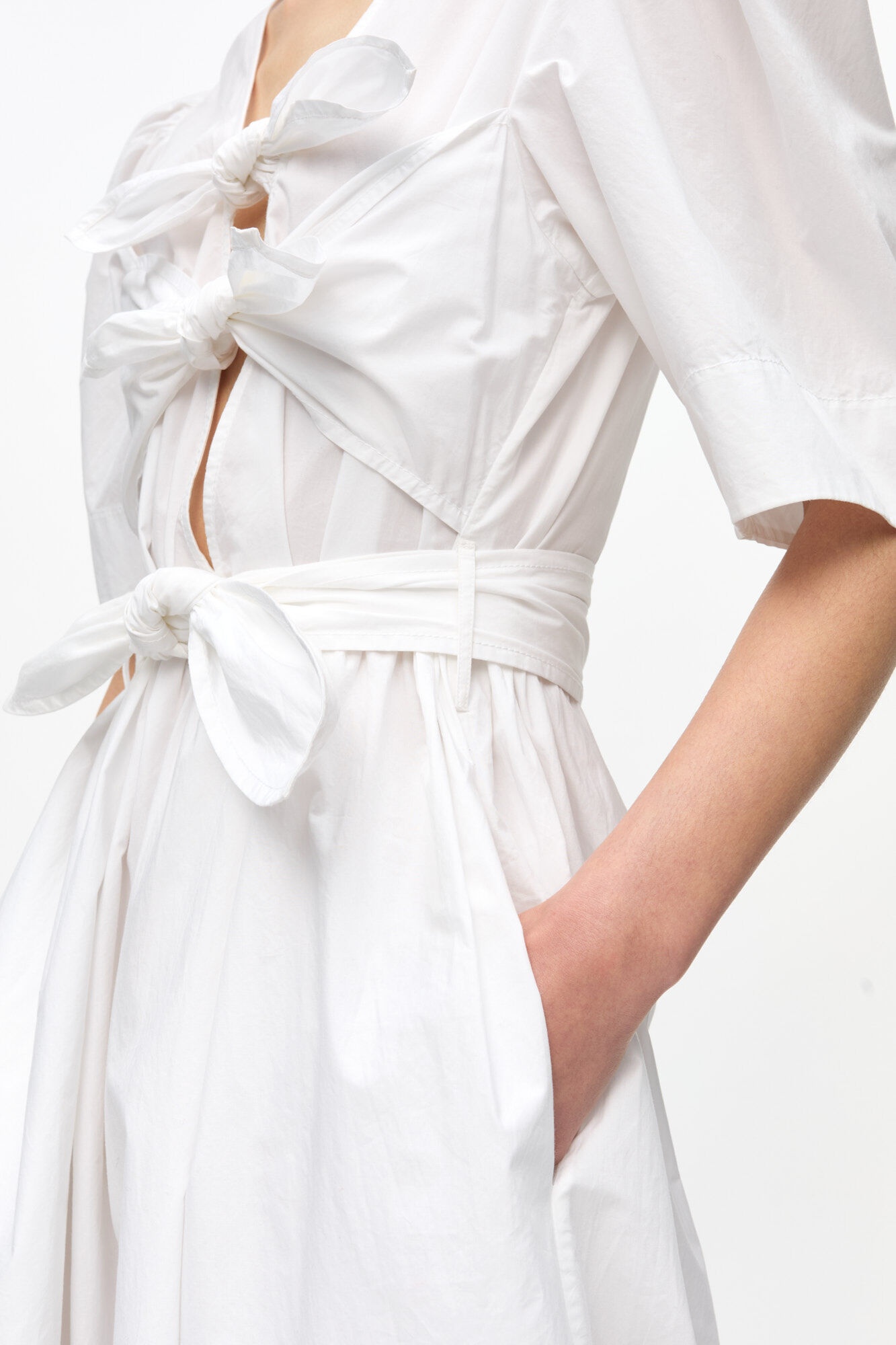 WHITE STRETCH COTTON TIE STRAP MIDI DRESS - 5