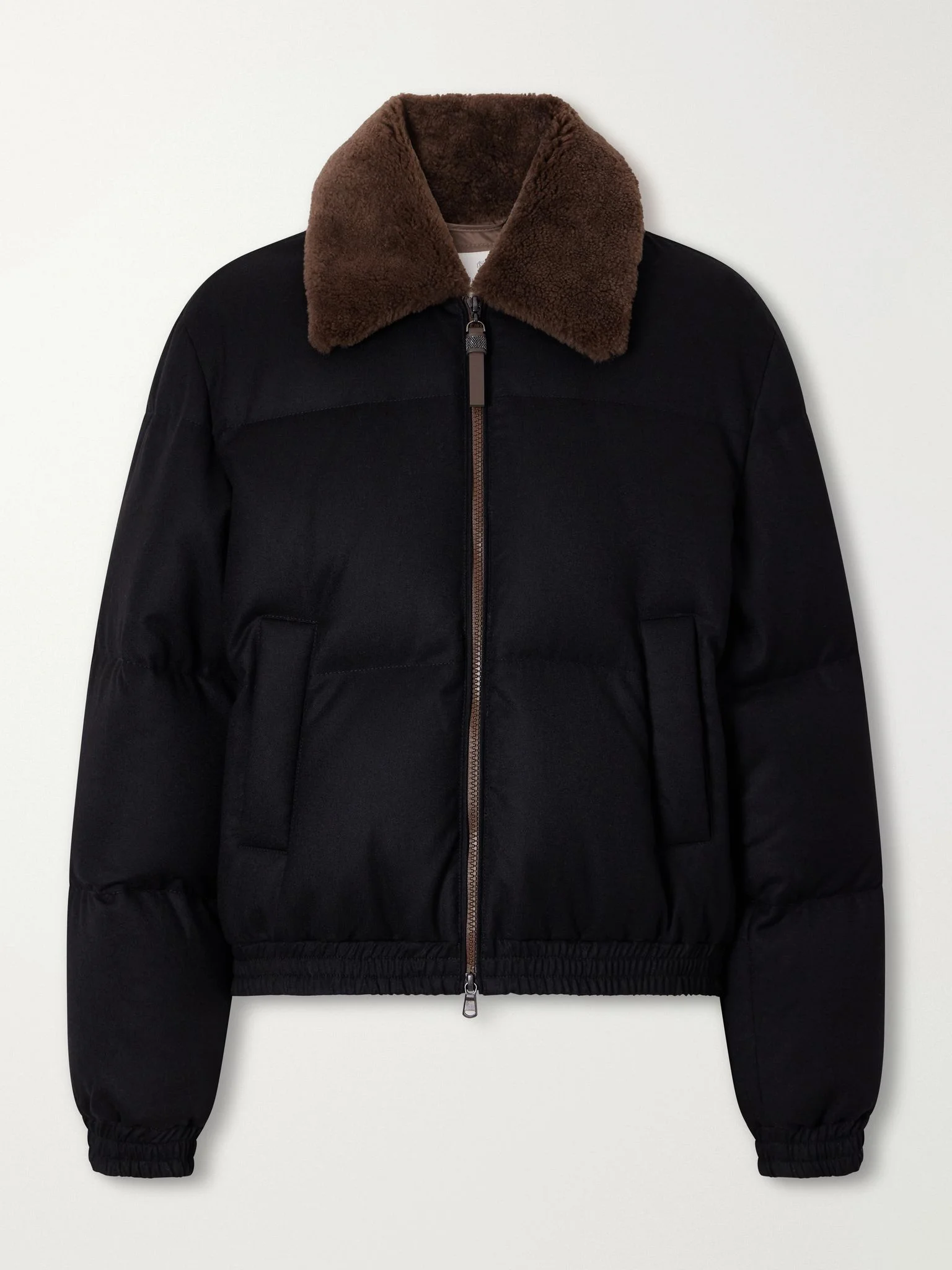 Quilted shearling-trimmed wool-twill down jacket Black - 1