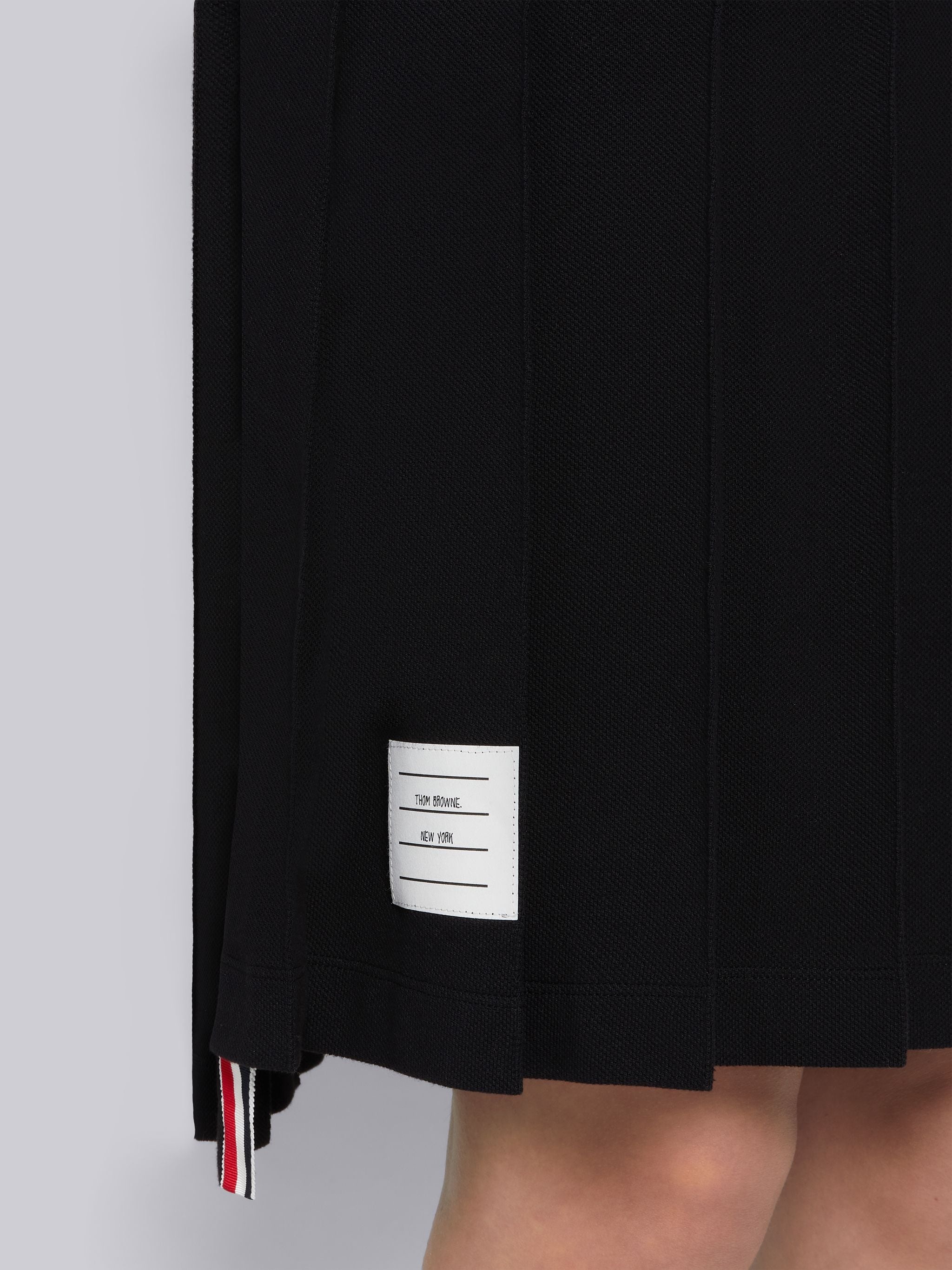 Black Classic Pique Short Sleeve Knee Length Pleated Polo Dress - 5