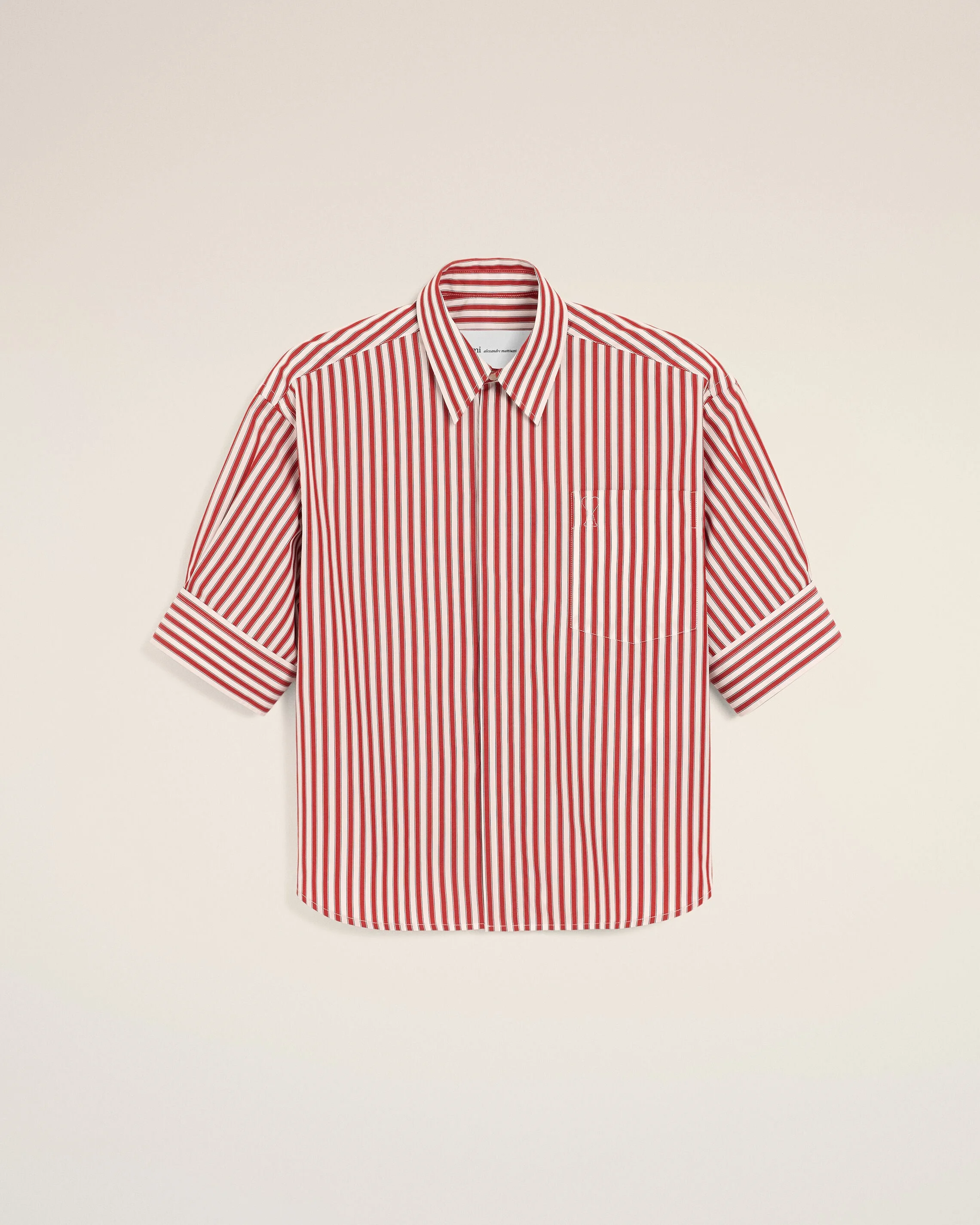 RED LARGE STRIPED COTTON SHORT-SLEEVE SHIRT WITH EMBOSSED AMI DE COEUR - 1