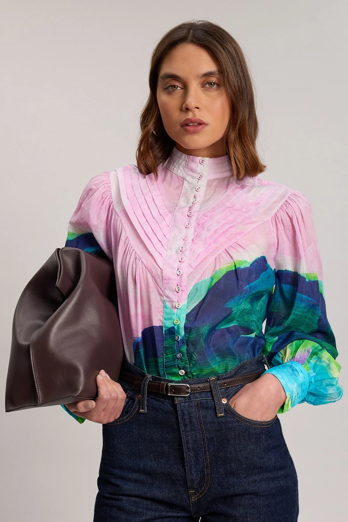 Silk Cotton Scenic Print Balloon Sleeve Woven Pintuck Blouse - 1