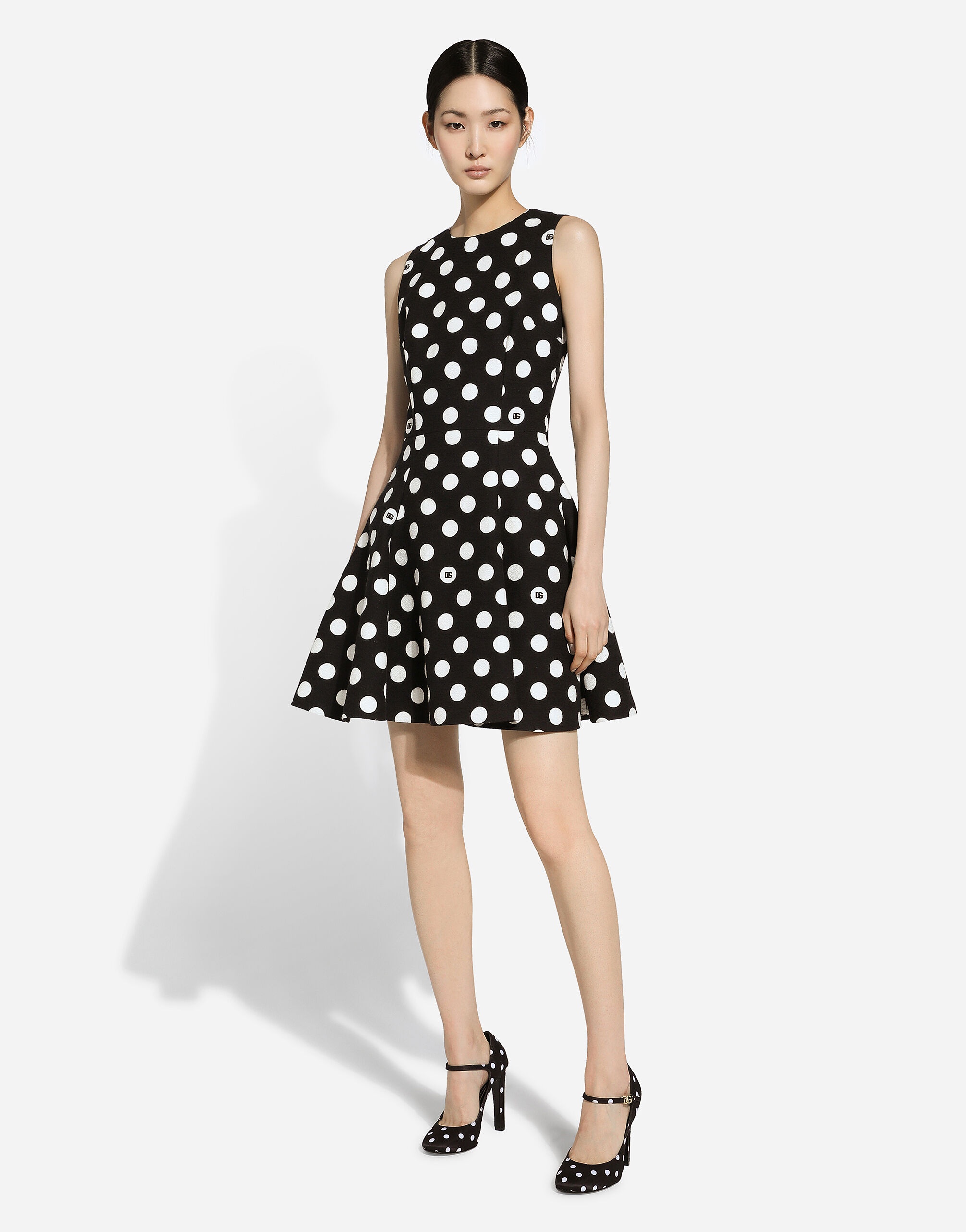 Short cotton rush-stitch brocade dress with polka-dot print - 2