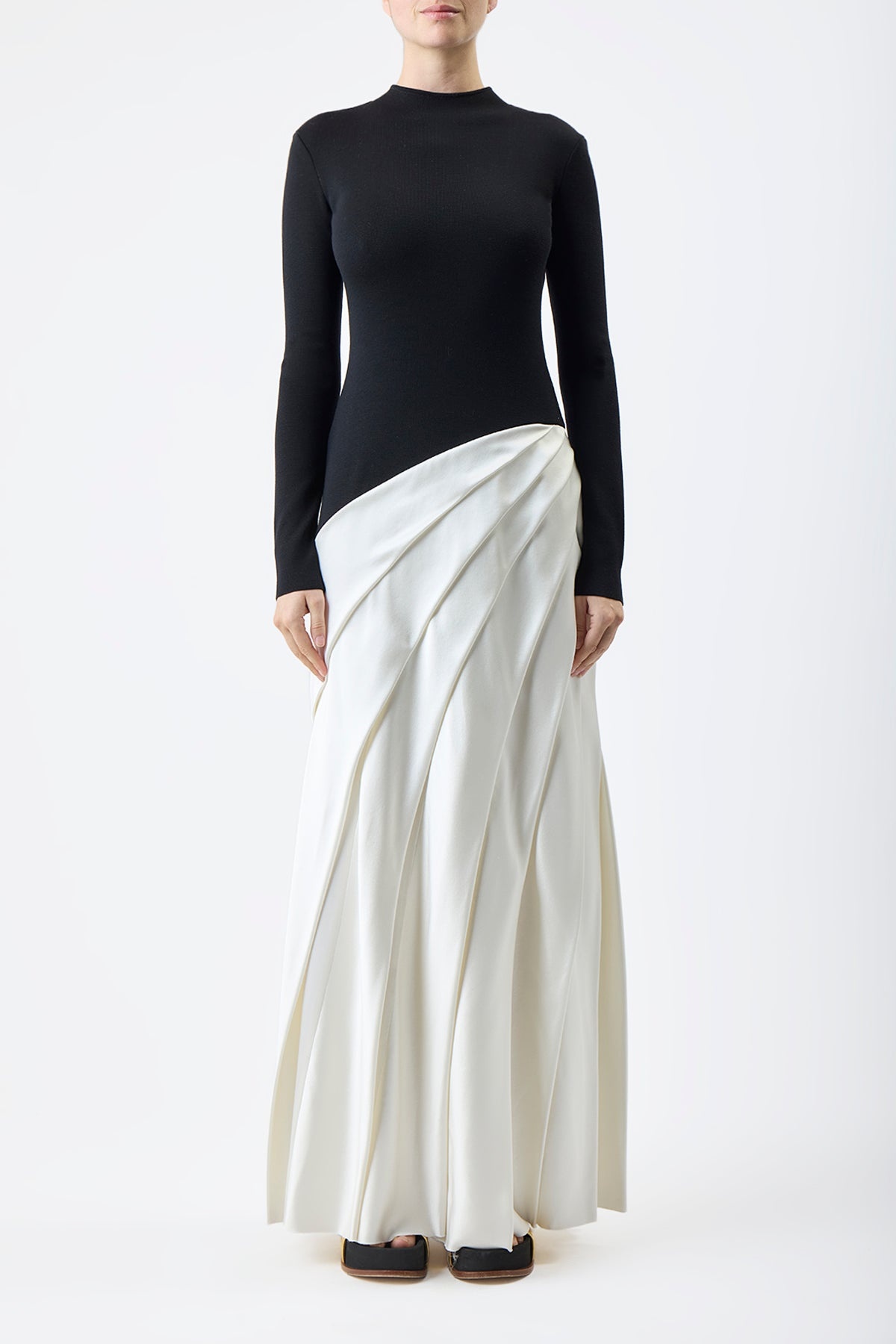 Ismay Pleated Dress in Black & Ivory Double Satin - 3