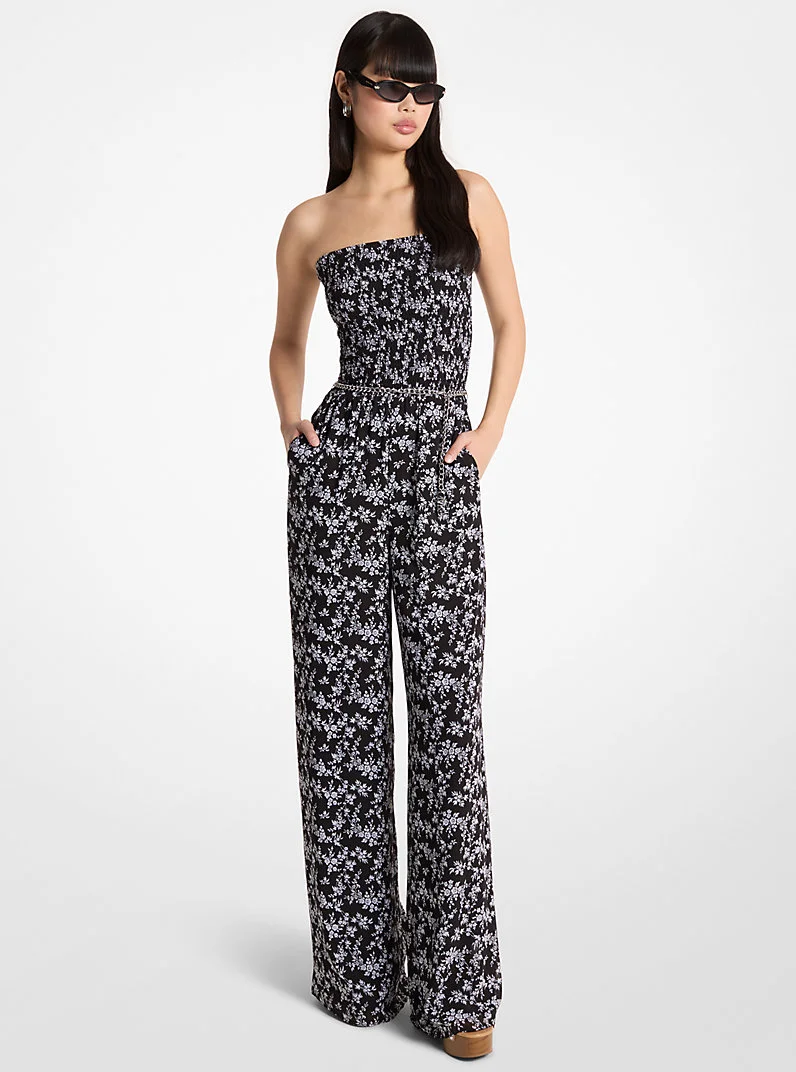 Floral Print Smocked Georgette Belted Jumpsuit - 1