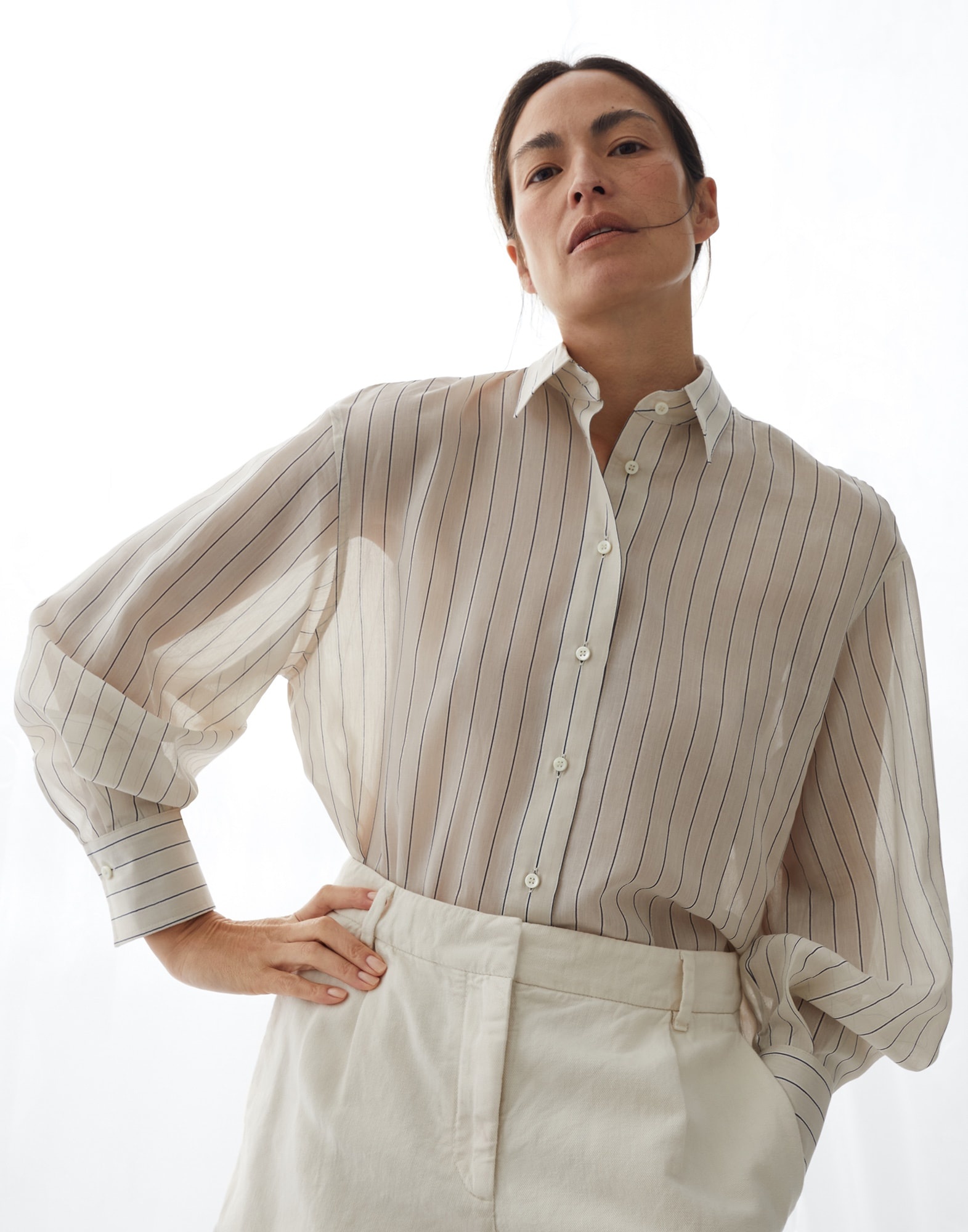 Cotton and silk sparkling stripe poplin shirt with monili - 4