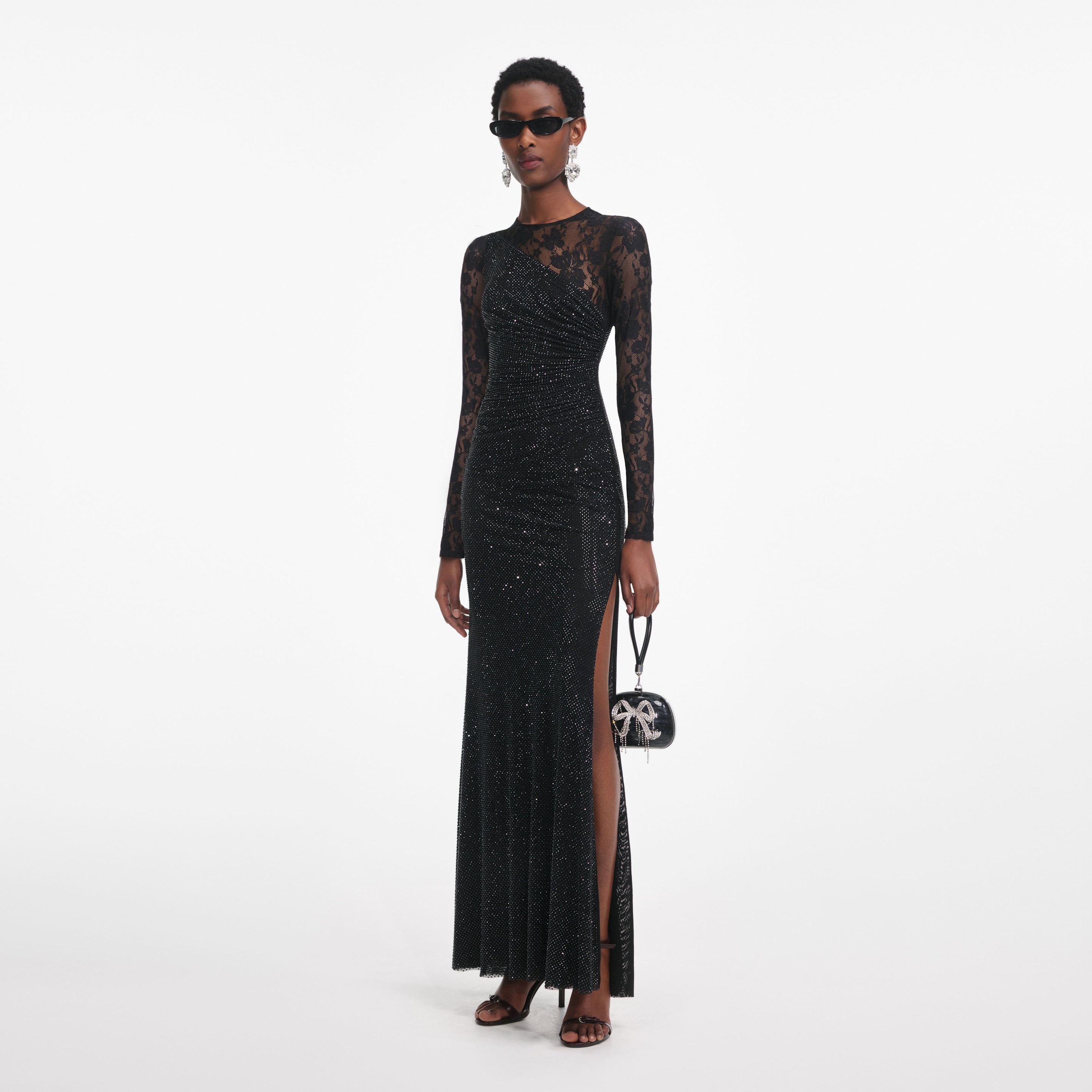 Black Rhinestone Lace Sleeves Maxi Dress - 2