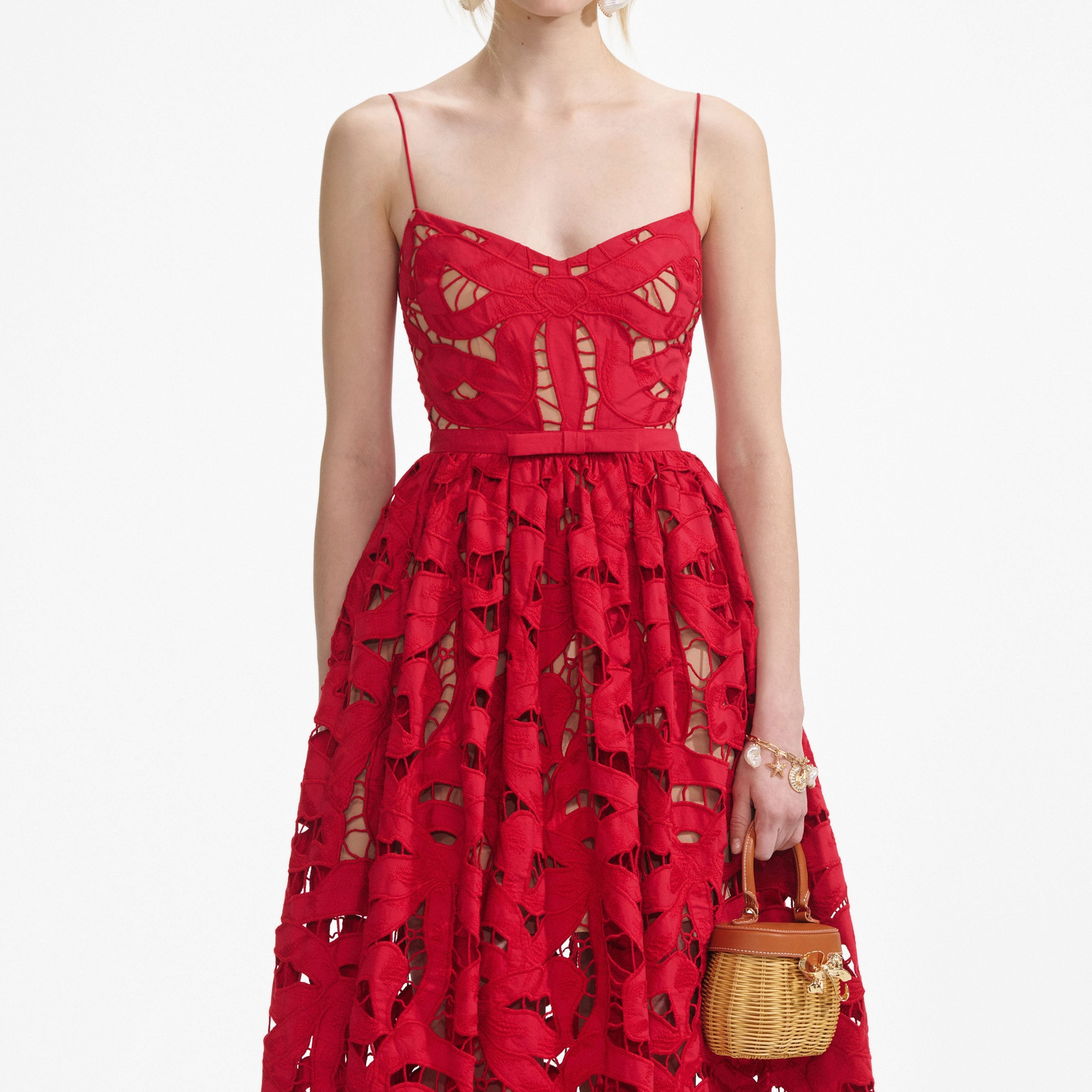 Red Bow Embroidered Midi Dress - 4