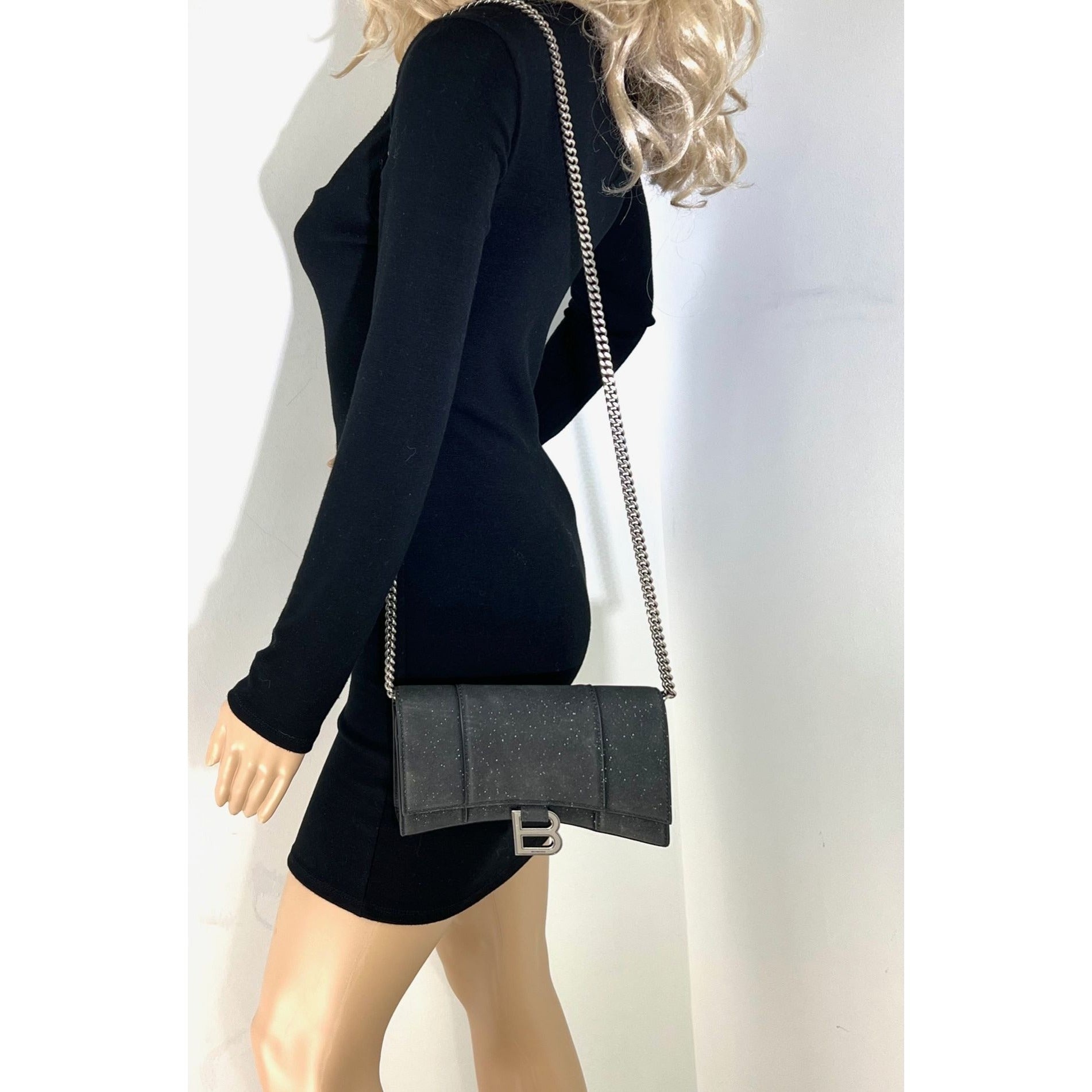 BALENCIAGA Hourglass Wallet On Chain Black Glitter Clutch Shoulder Bag - 7