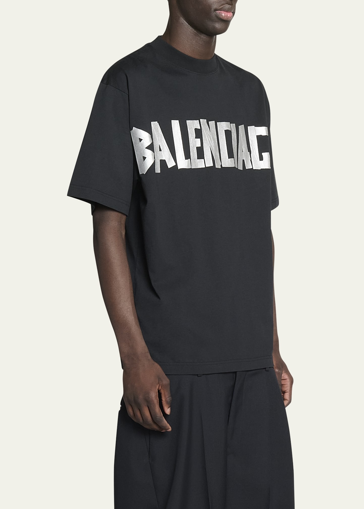 BALENCIAGA Men's Taped-Logo Distressed T-Shirt
