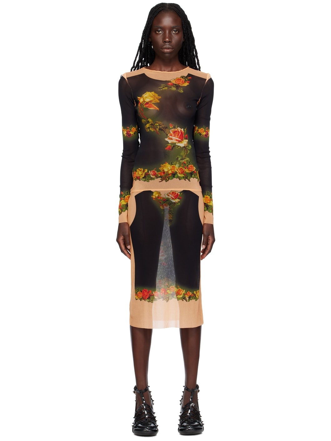 Black & Orange 'The Fleurs Petit Grand' Midi Dress - 1