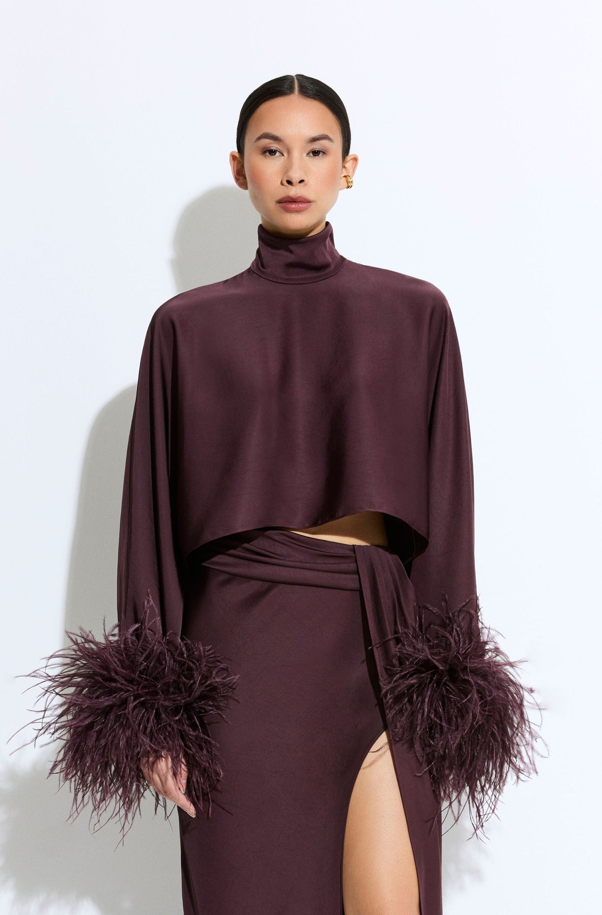 Lightweight Satin Caftan Top With Feathers - 2