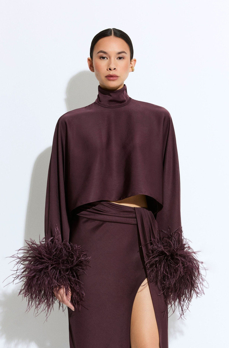 LAPOINTE Lightweight Satin Caftan Top With Feathers outlook
