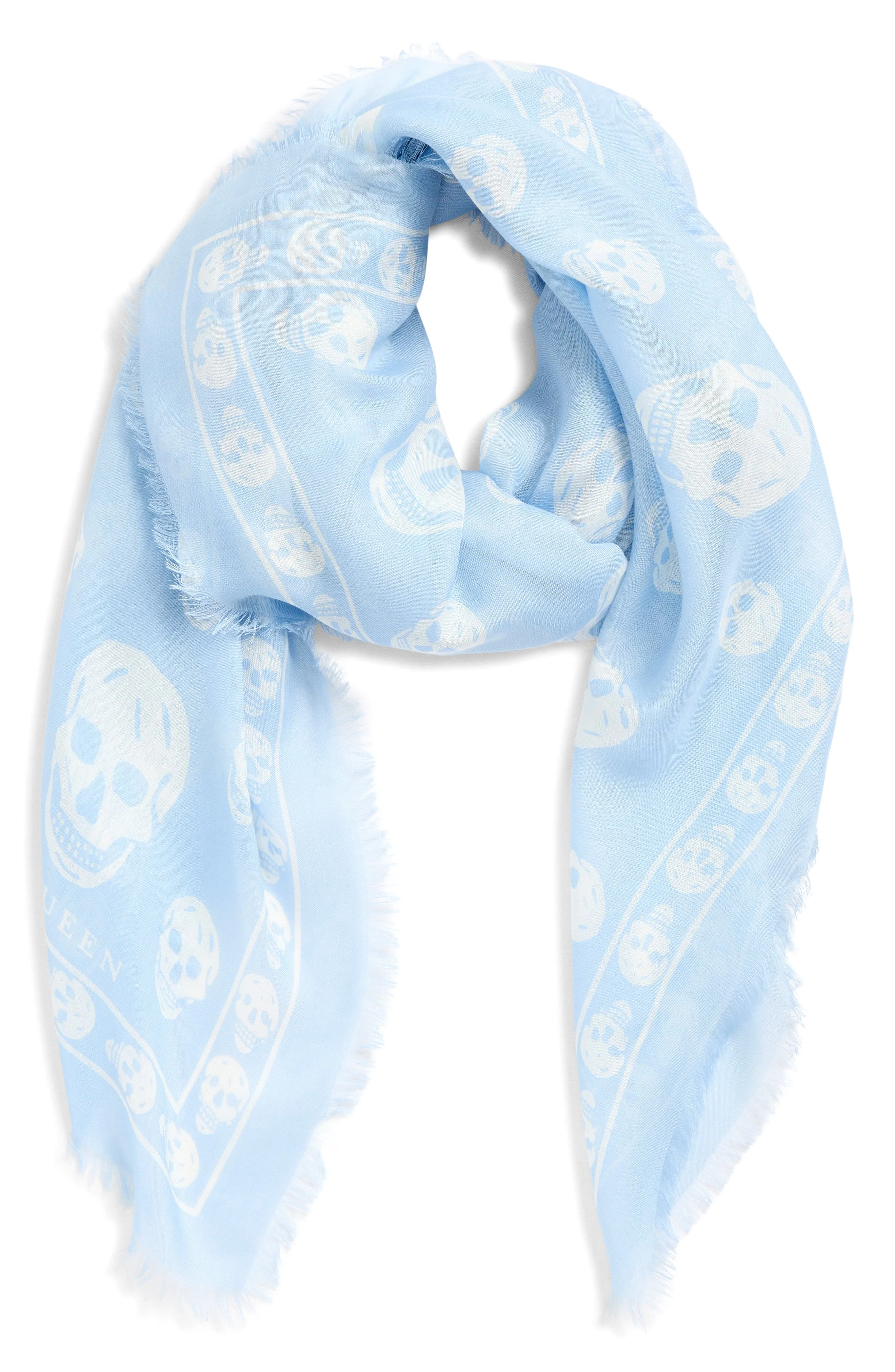 McQueen Skull Print Silk Scarf in Ice Blue/White at Nordstrom - 1
