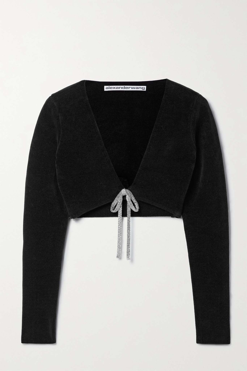 Cropped crystal-embellished cotton-blend chenille cardigan - 1
