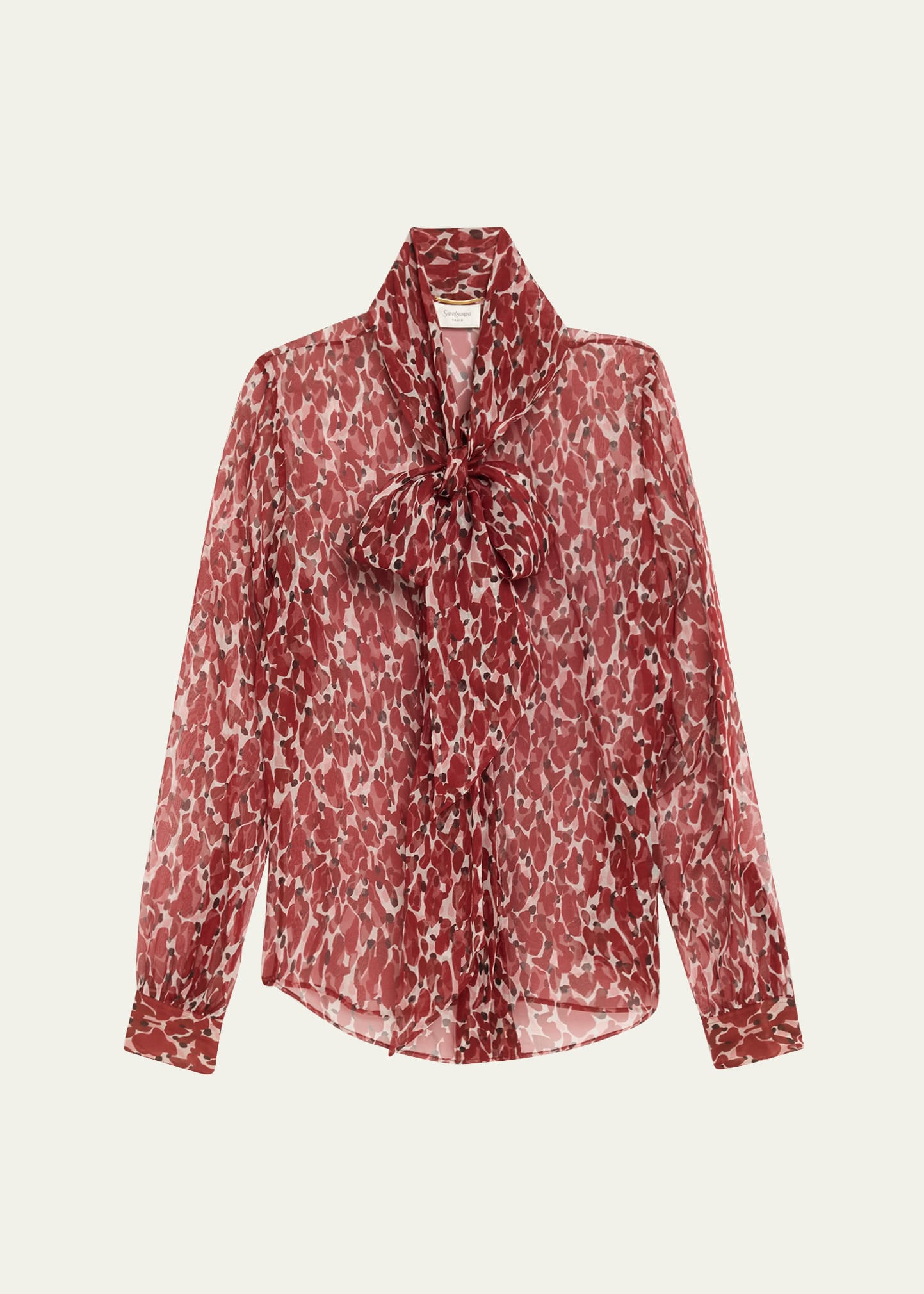 Semi-Sheer Printed Tie Neck Blouse - 1