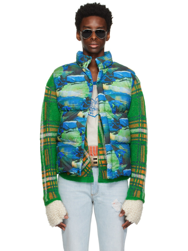 Green & Blue Printed Down Vest - 1